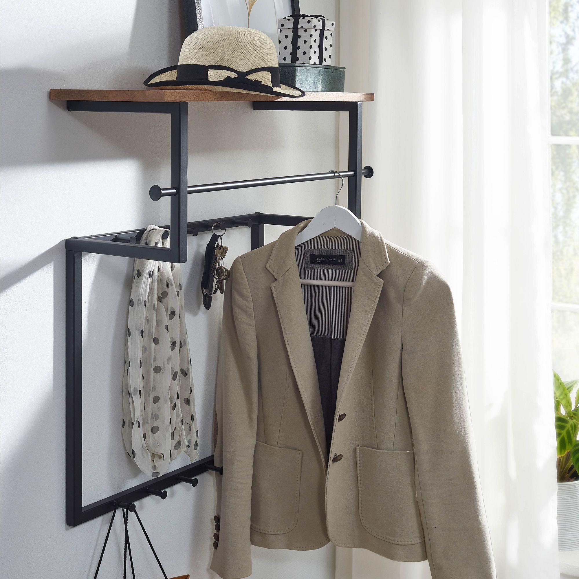 FineBuy Wandgarderobe Mango Massivholz 60 cm mit Ablage - Industrial Garderobenpaneel mit Hutablage - Wand Garderobenleiste Hakenleiste - 5 Metall Kleiderhaken & Kleiderstange