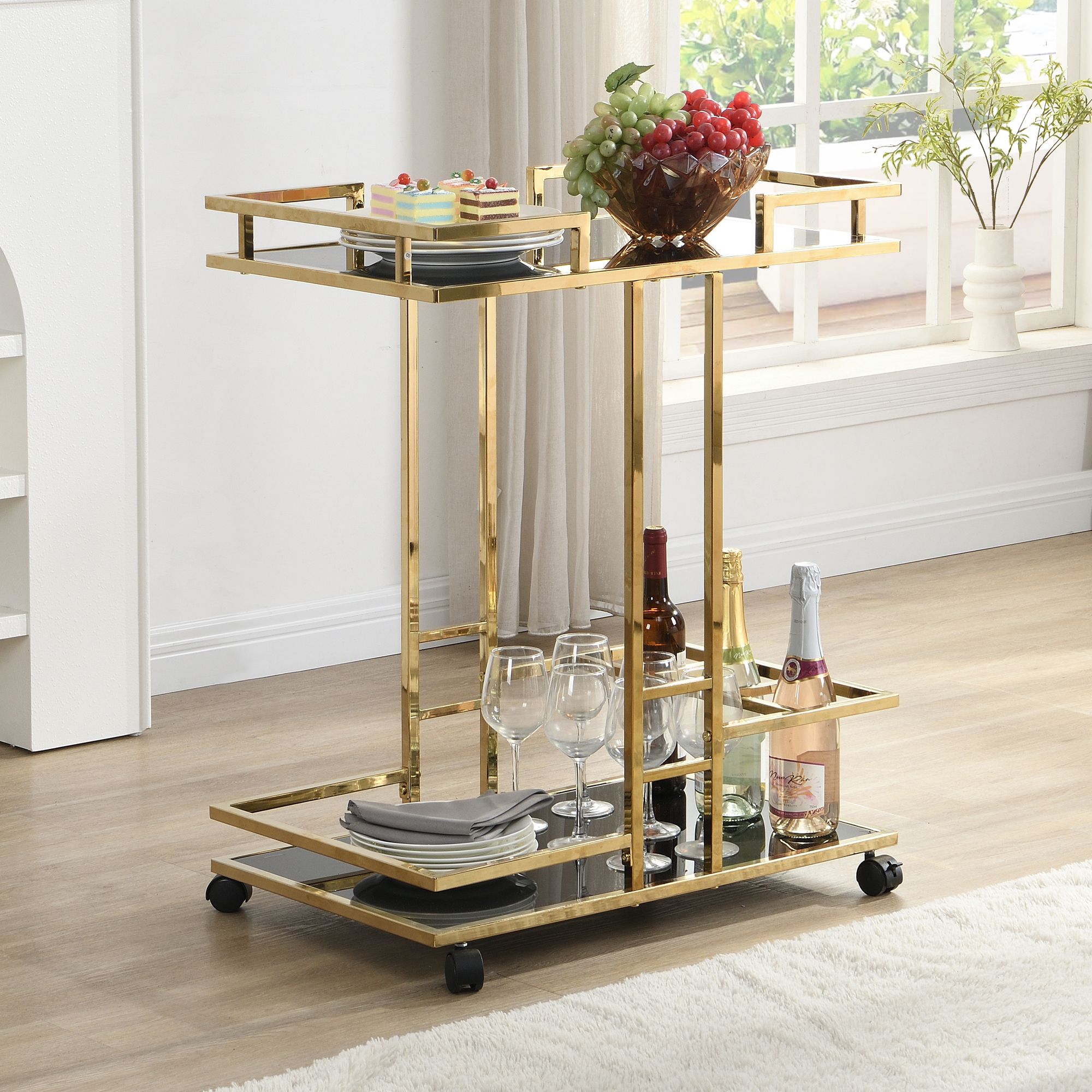 FineBuy Servierwagen Gold Metall mit Glas Ablagen auf Rollen 67,5x83,5x43 cm, Moderner Barwagen mit Flaschenhalter, Teewagen Getränke Trolley für Wohnzimmer Küche Hausbar Rollwagen Multifunktional