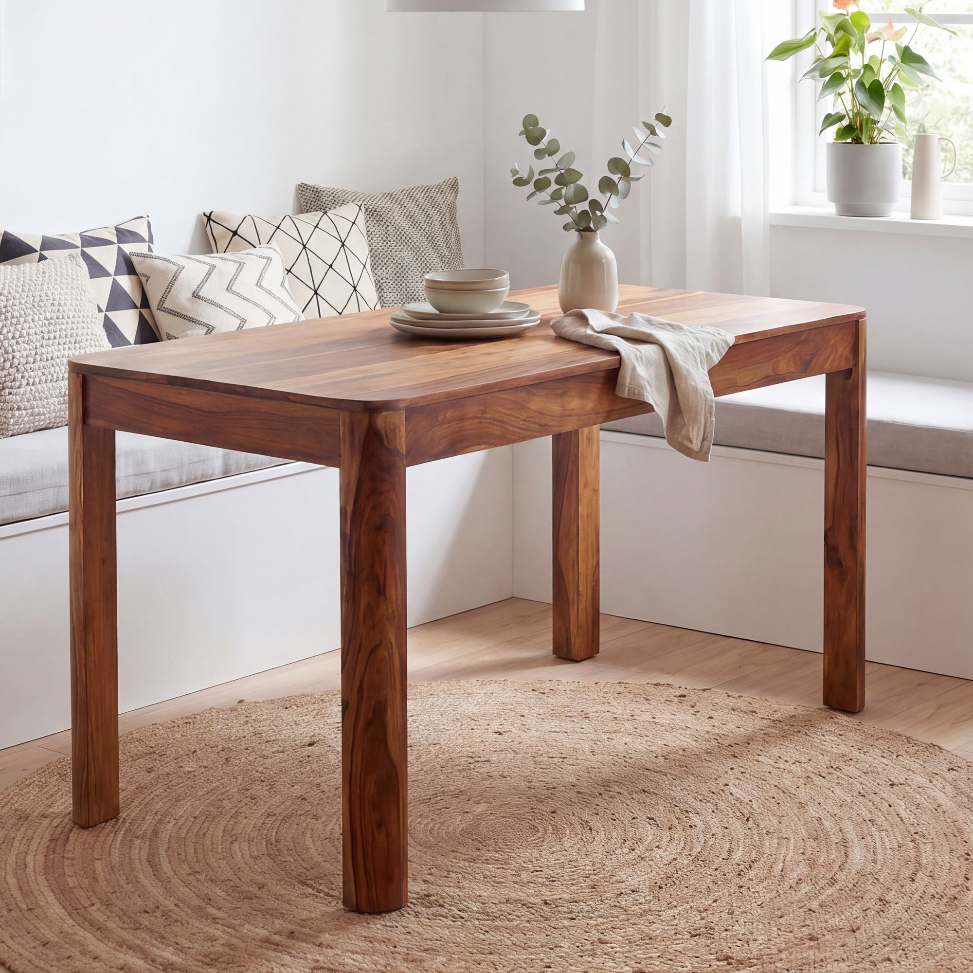 FineBuy Esstisch Sheesham Massivholz 120cm für bis zu 6 Personen · Rechteckiger Esszimmertisch im Landhaus Design · Handgefertigter Küchentisch mit abgerundeten Kanten für Esszimmer oder Küche