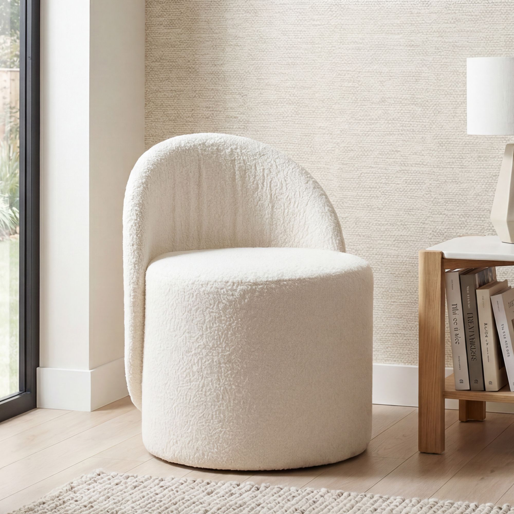 FineBuy Sitzhocker Teddy Stoff 40cm Creme Rund - Design Stoffhocker - Polsterhocker mit Rückenlehne - Schminktisch Hocker - Lounge Beistellhocker für Wohnzimmer Handmade