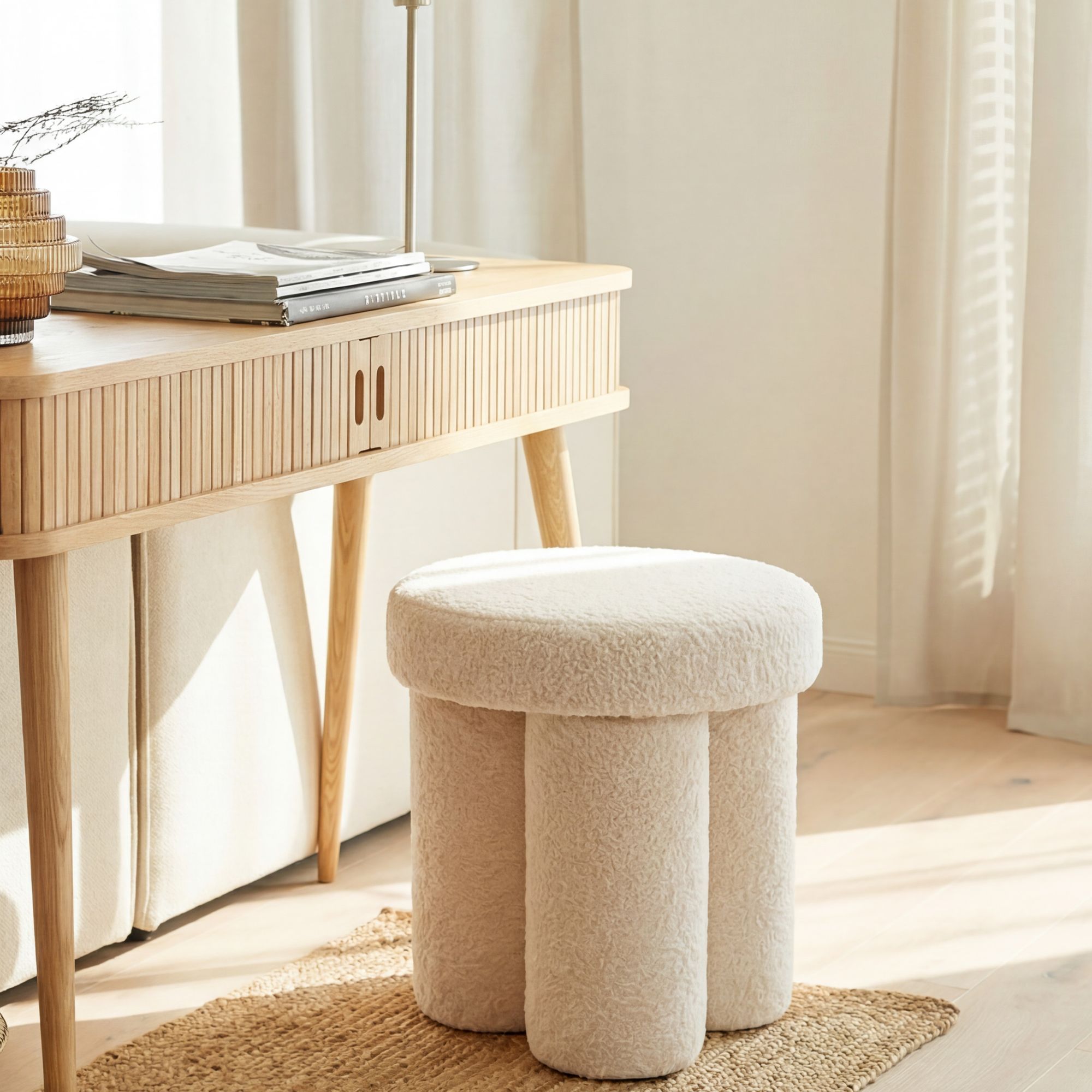FineBuy Sitzhocker Teddy Stoff 40cm Creme Rund - Design Stoffhocker - Polsterhocker Faltenoptik - Schminktisch Hocker - Lounge Beistellhocker für Wohnzimmer Handmade