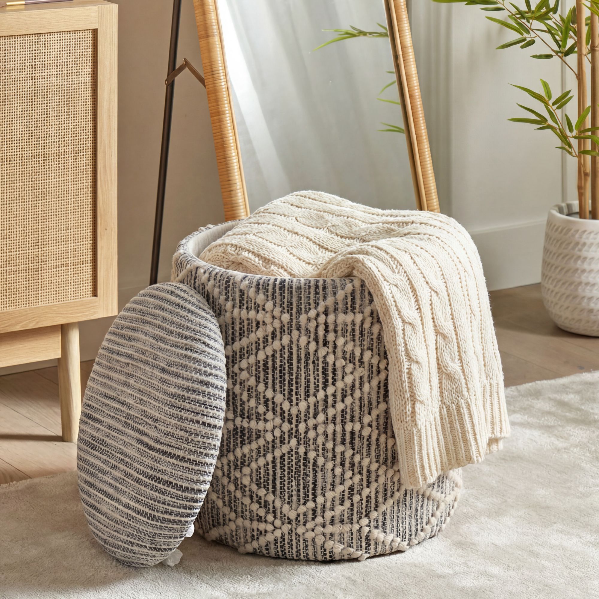 FineBuy Sitzhocker mit Stauraum aus Stoff 40cm Grau Rund - Design Boho Stoffhocker mit abnehmbarem Deckel - Polsterhocker Schminktisch Hocker - Beistellhocker für Wohnzimmer Handmade