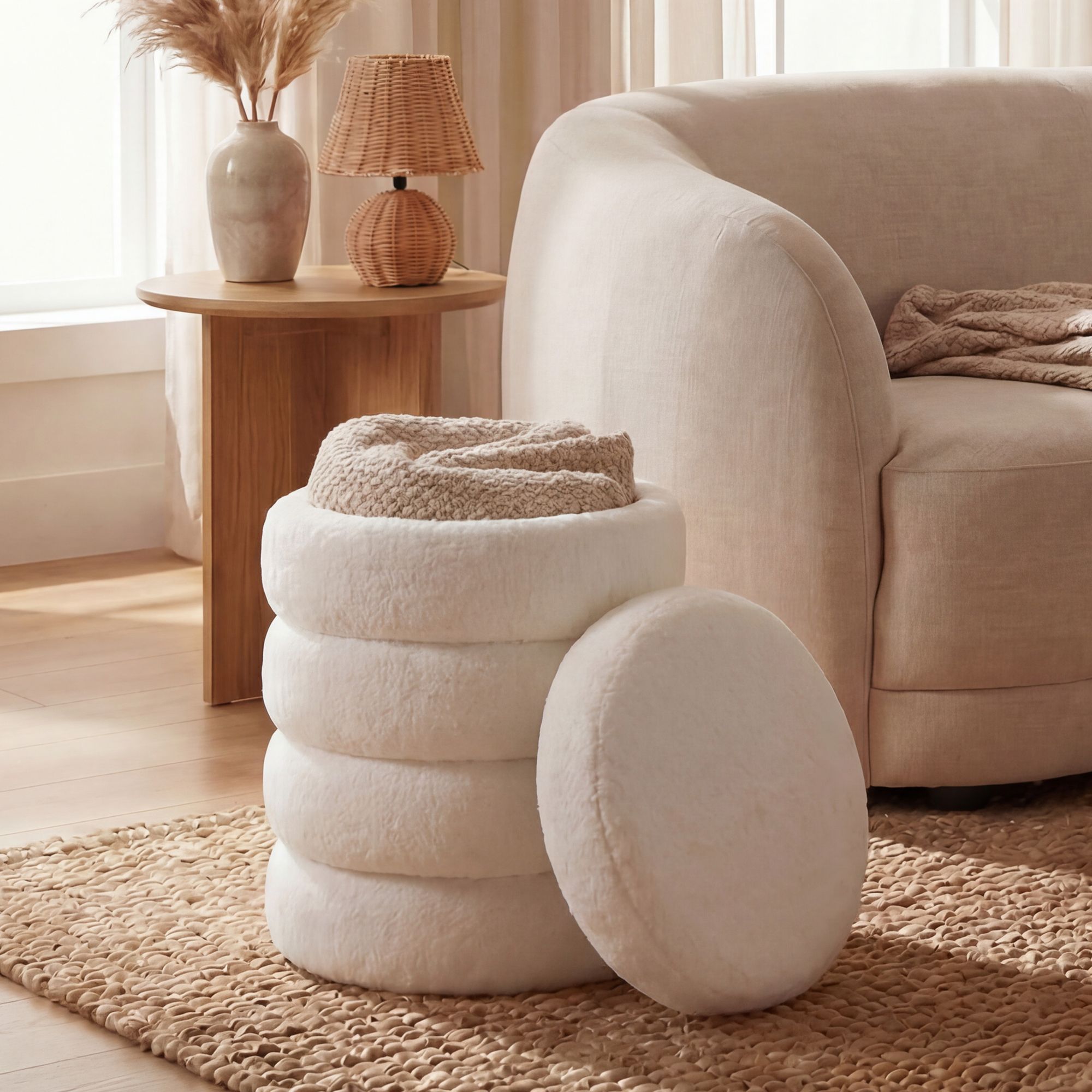 FineBuy Sitzhocker mit Stauraum aus Teddy Stoff 40cm Creme Rund - Design Boho Stoffhocker mit abnehmbarem Deckel - Polsterhocker Schminktisch Hocker - Beistellhocker für Wohnzimmer Handmade