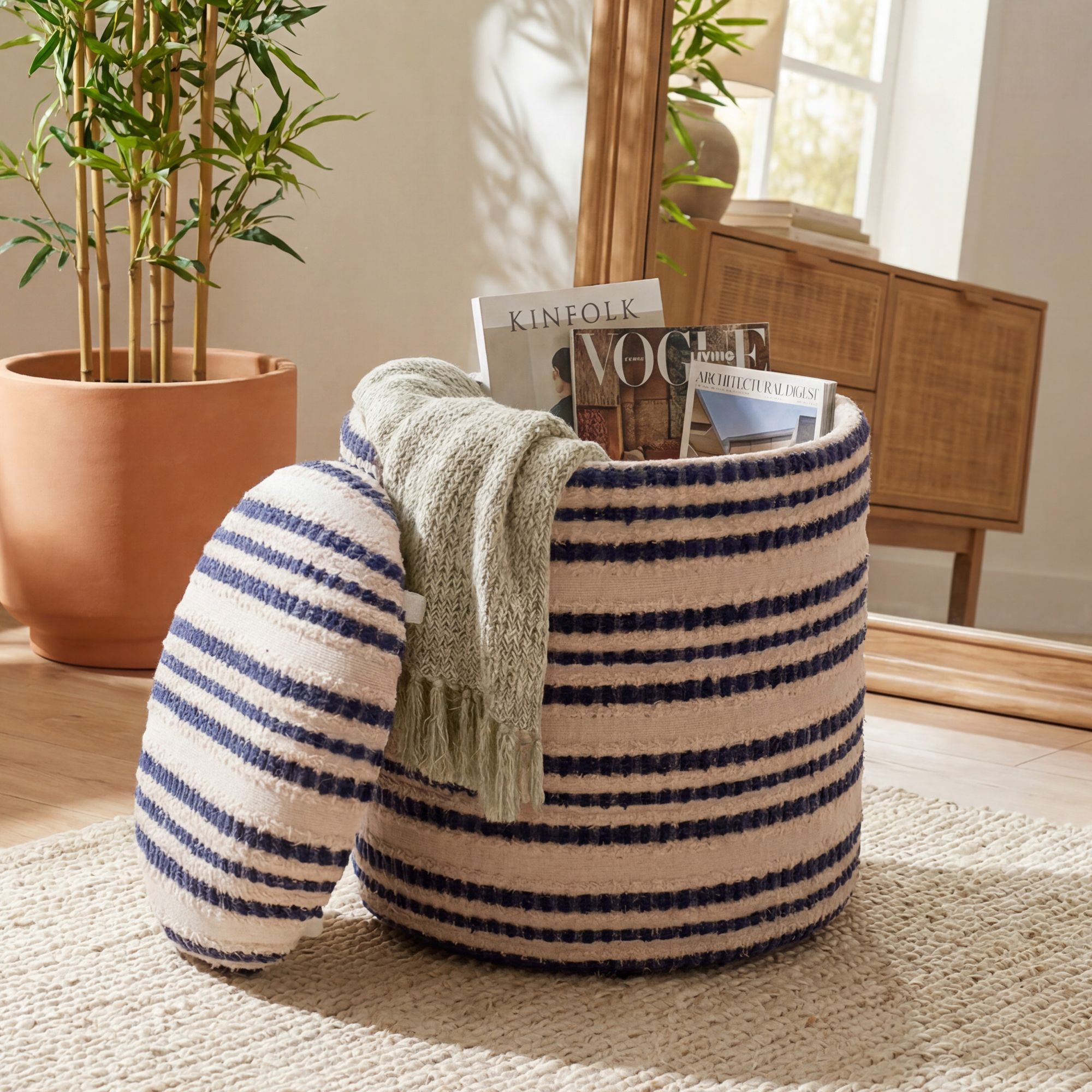 FineBuy Sitzhocker mit Stauraum aus Baumwolle 40cm Beige Stoff Rund - Design Boho Stoffhocker mit abnehmbarem Deckel - Polsterhocker Schminktisch Hocker - Beistellhocker für Wohnzimmer Handmade