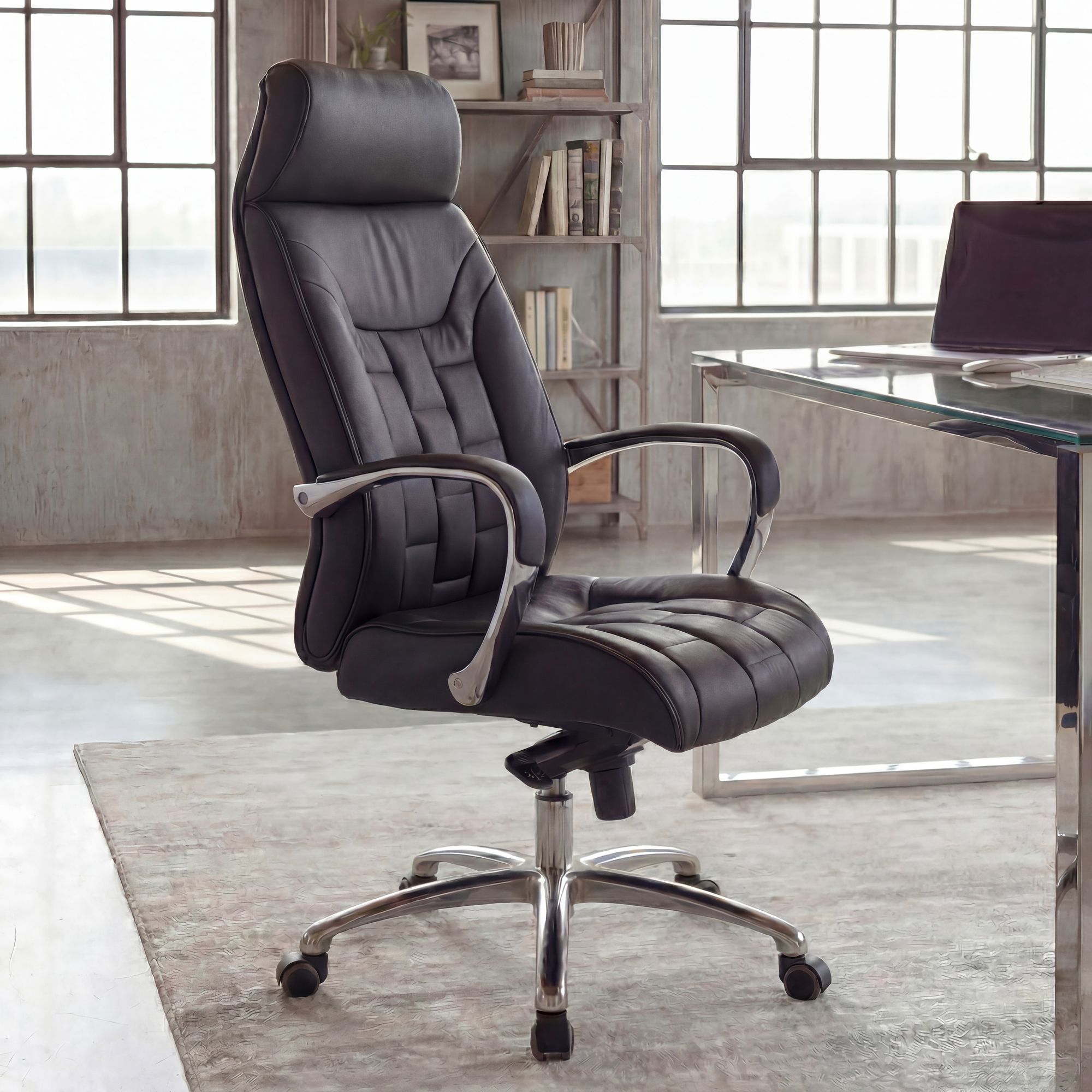 FineBuy Bürostuhl Echtleder schwarz Schreibtischstuhl bis 120kg X-XL Wippfunktion Chefsessel Armlehnen Drehstuhl