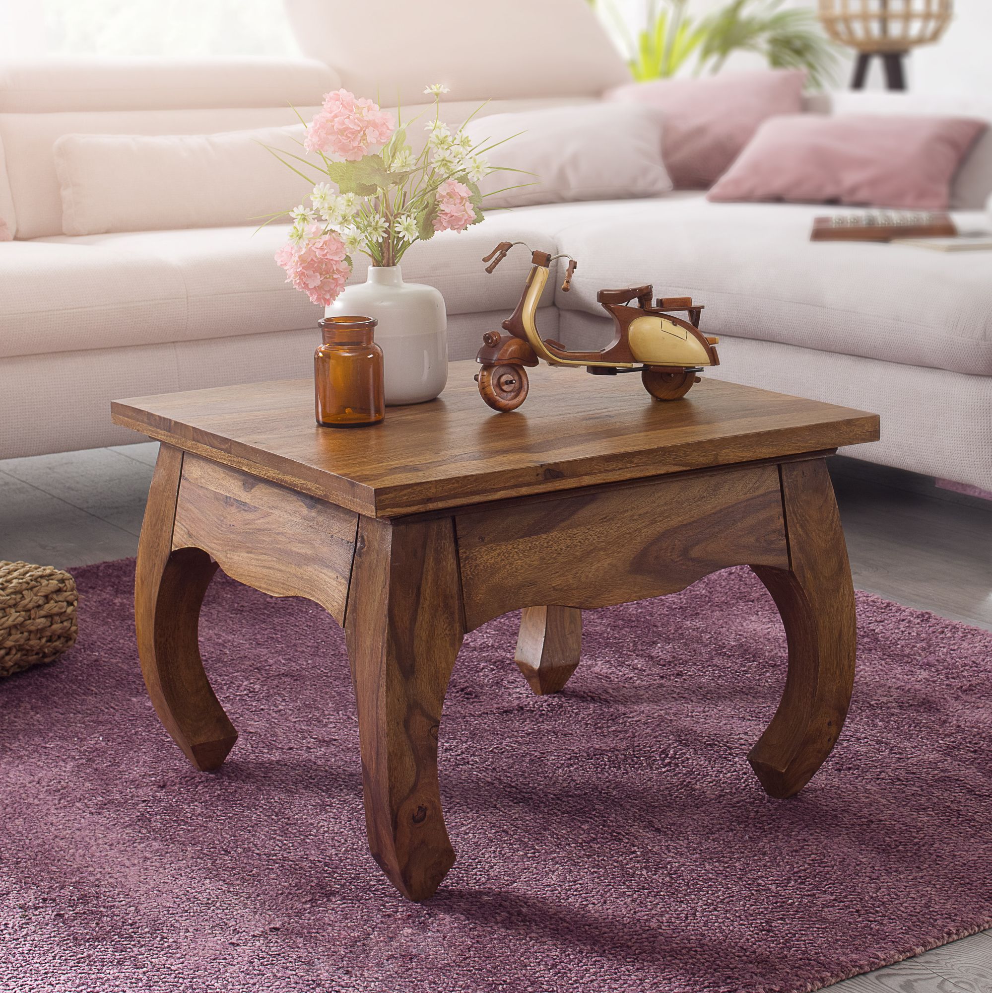 FineBuy Opium Couchtisch 60 x 40 x 60 cm Sheesham Massiv-Holz, Echtholz Wohnzimmertisch quadratisch braun, Stubentisch niedrig, Beistelltisch Sofatisch klein, Tisch Wohnzimmer