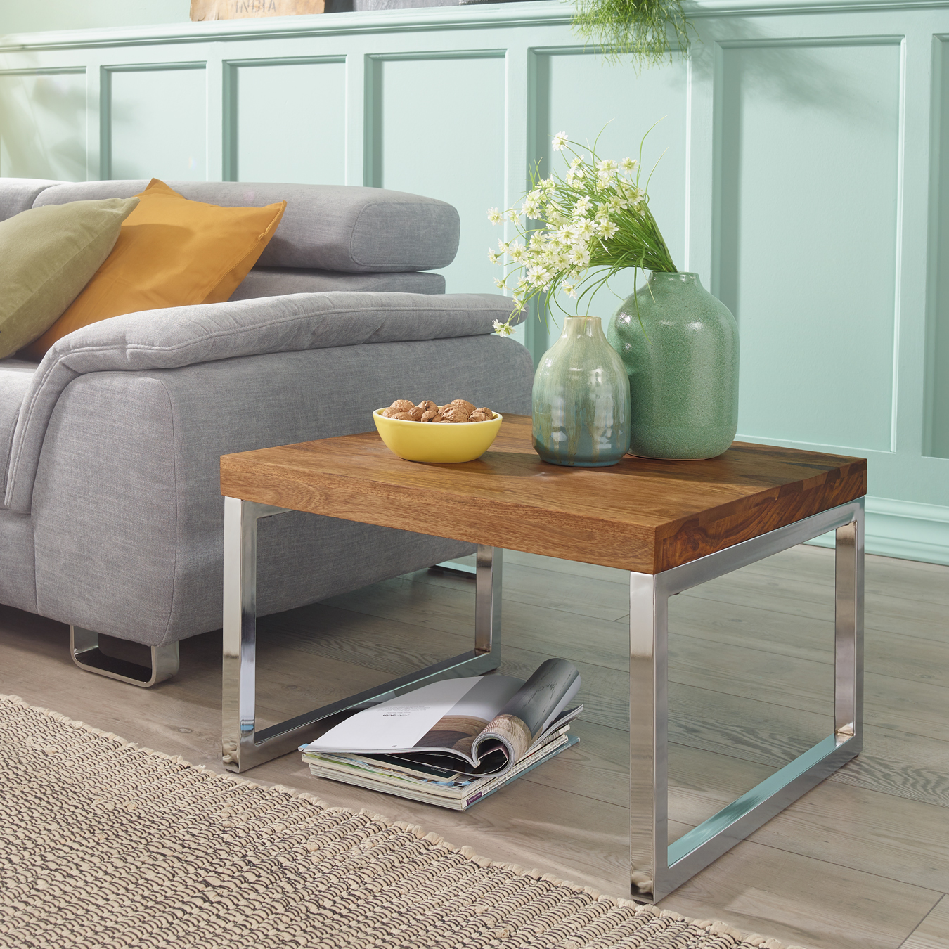 FineBuy Couchtisch quadratisch 60cm Sheesham Massivholz mit Chrom Gestell, Design Wohnzimmertisch, Sofatisch mit Metallrahmen, Holztisch Wohnzimmer, Beistelltisch Echtholz