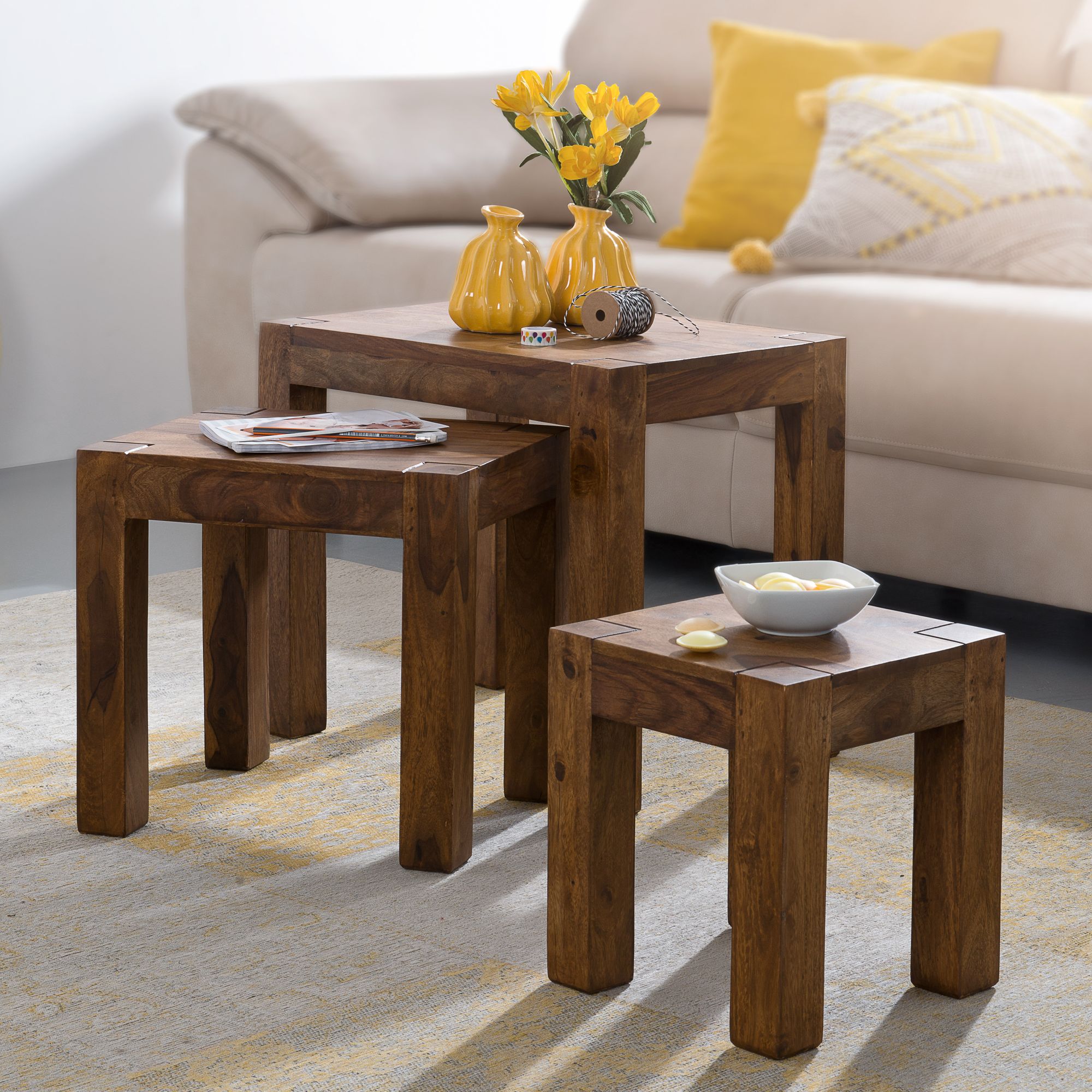 FineBuy 3er Set Satztisch Massivholz Sheesham Wohnzimmertisch Beistelltisch braun Naturholz Couchtisch Echtholz Anstelltisch
