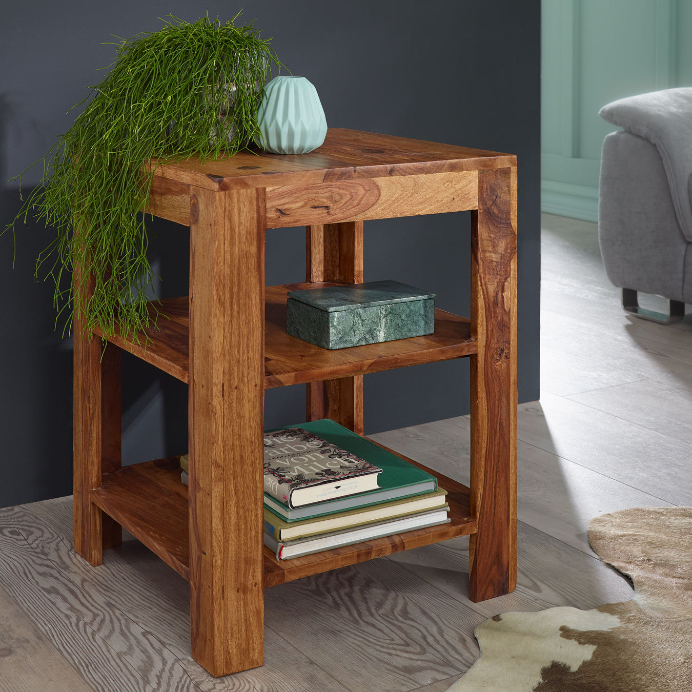 FineBuy Standregal 44 x 60 x 44 cm Sheesham Massiv-Holz Stehregal 3 Ablagen, Abstelltisch Wohnzimmer Niedrig, Ablagetisch Dunkelbraun Abstellregal Diele, Deko-Regal Tisch Flur Büro