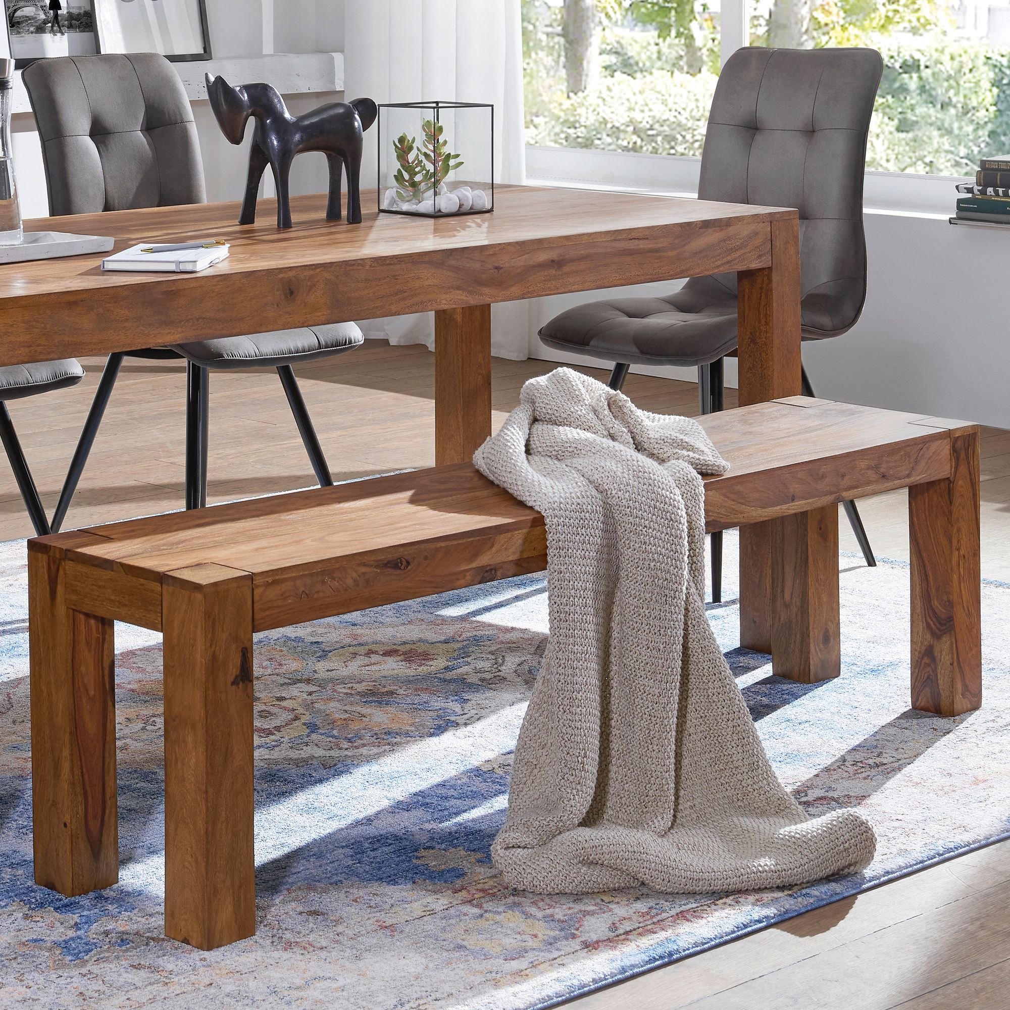 FineBuy Esszimmer Sitzbank Massiv-Holz Sheesham 180 x 45 x 35 cm Holz-Bank Natur-Produkt Küchenbank im Landhaus-Stil