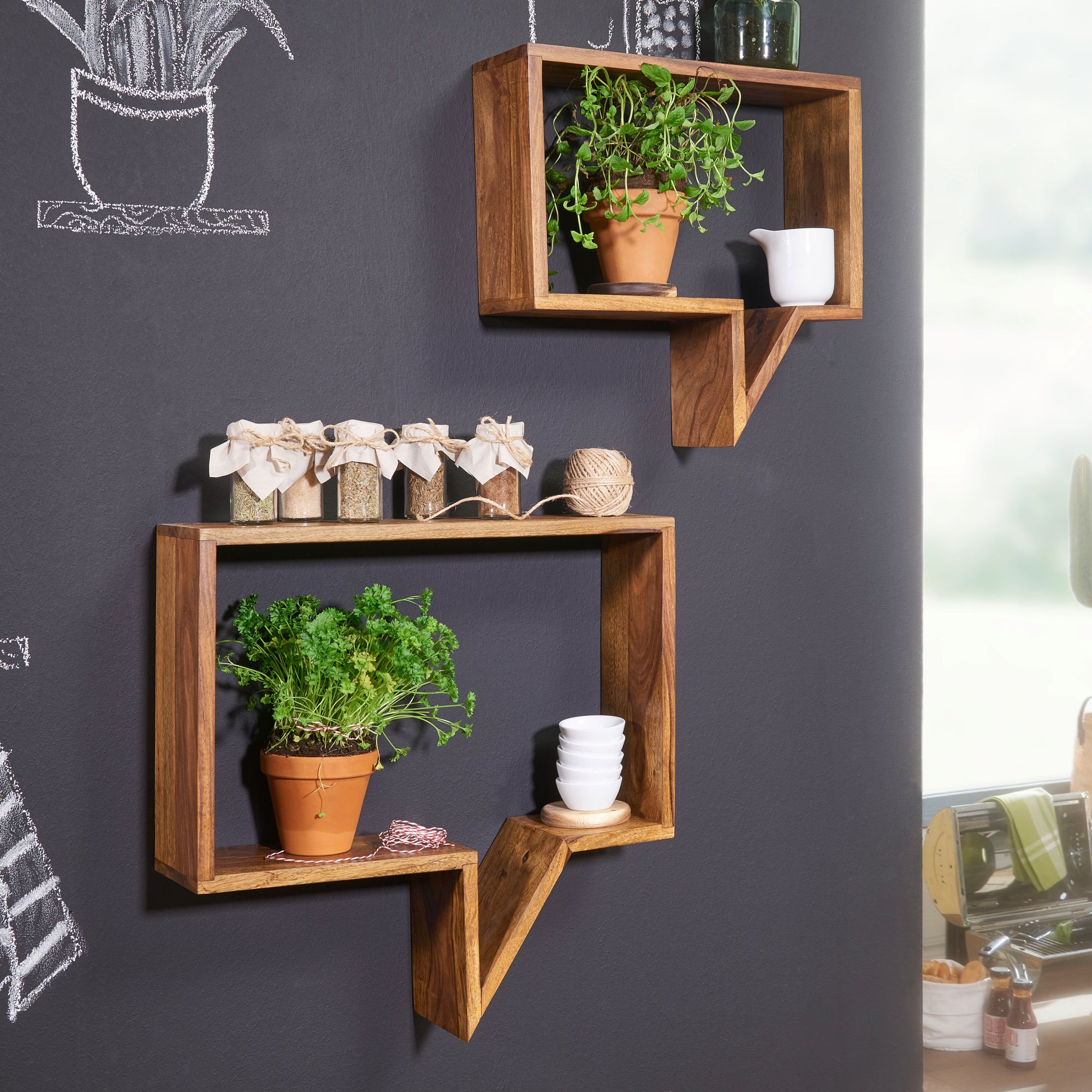 FineBuy 2er Set Wandregale Massiv-Holz Sheesham Holz-Regal Landhaus-Stil Hängeregal Echt-Holz Design Wand-Board Natur-Produkt Wandkonsole dunkel-braun unbehandelt Regale zum Aufhängen Unikat Ablage