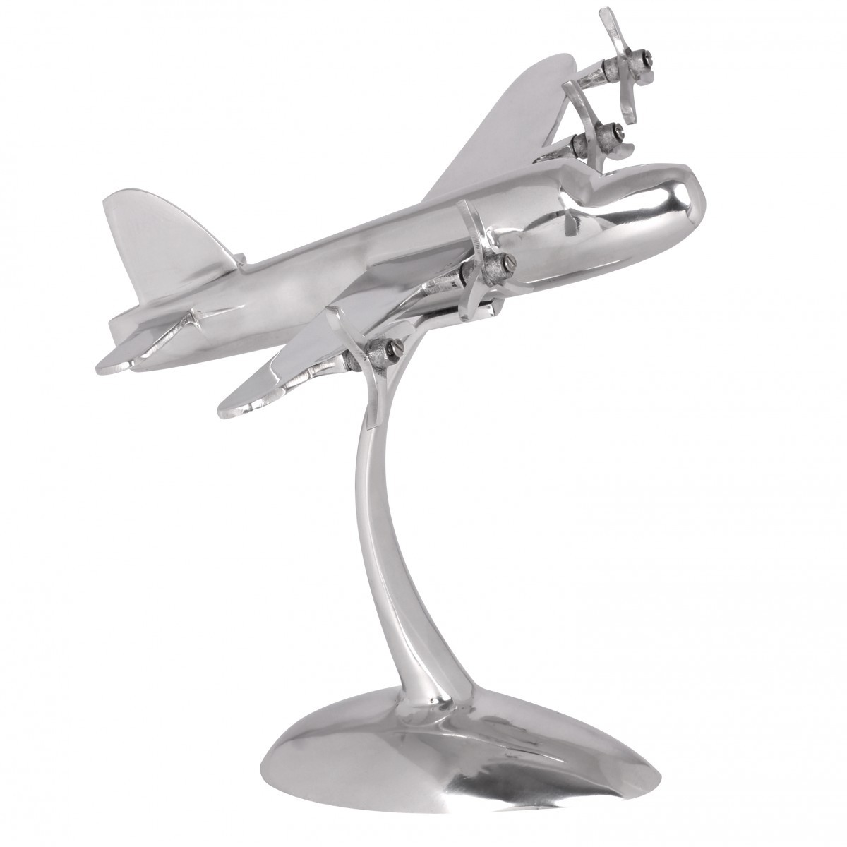 FineBuy Design Deko Propeller Flugzeug 42 x 30 x 30 cm Silbern aus Aluminium, Alu Flieger Geschenk-Idee Tisch-Dekoration mit Standfuß