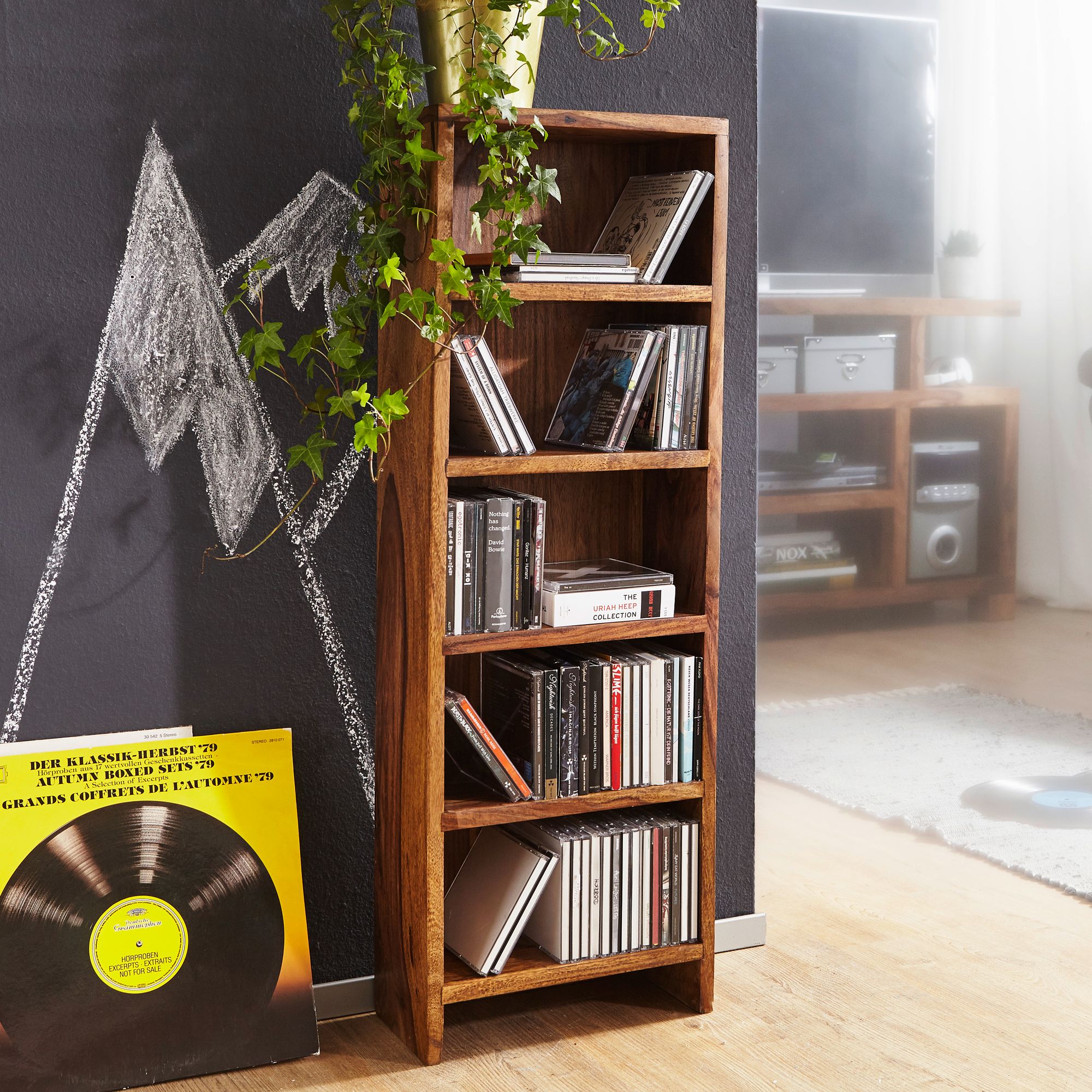 FineBuy CD Regal Massivholz Standregal 90 cm hoch CD-Aufbewahrung 5 Fächer Bücherregal Natur Landhaus-Stil