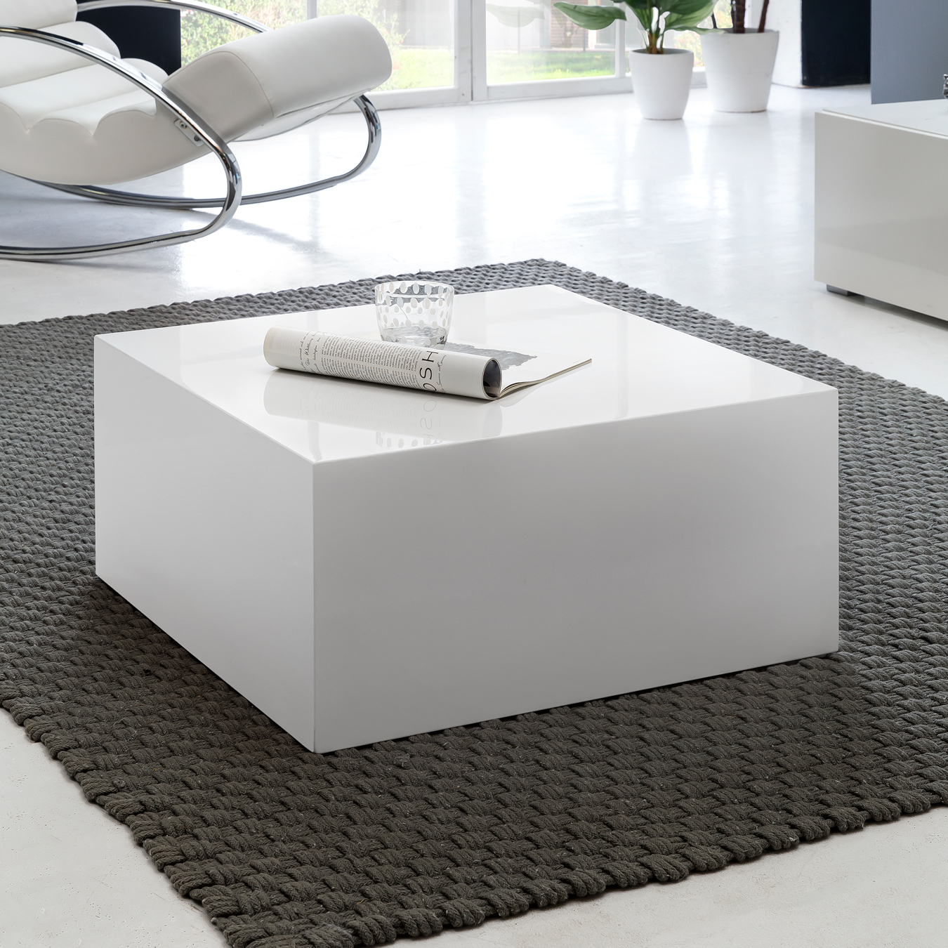 FineBuy Couchtisch MONOBLOC 60 x 60 x 30 cm Hochglanz MDF Weiß lackiert, Design Wohnzimmertisch Cube quadratisch, Lounge Beistelltisch Würfel Form