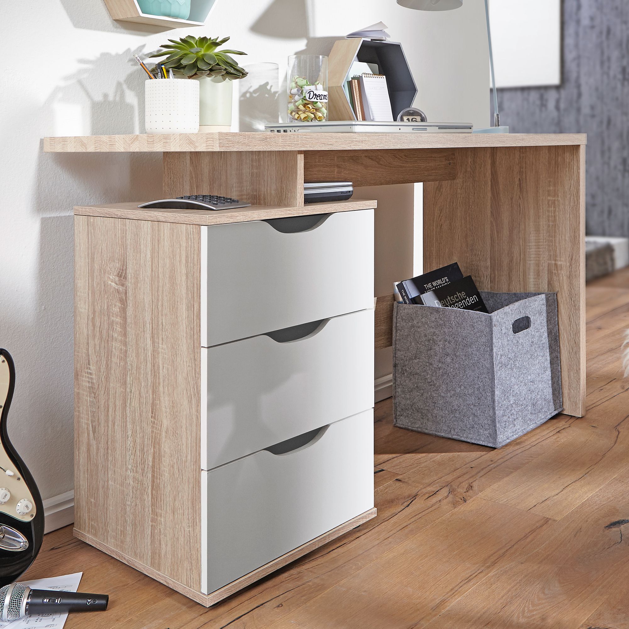 FineBuy Schreibtisch MASSA 120 x 76 x 53 cm mit 3 Schubladen in Sonoma Weiß, Computertisch modern für Jugendliche, Laptoptisch platzsparend mit Ablage