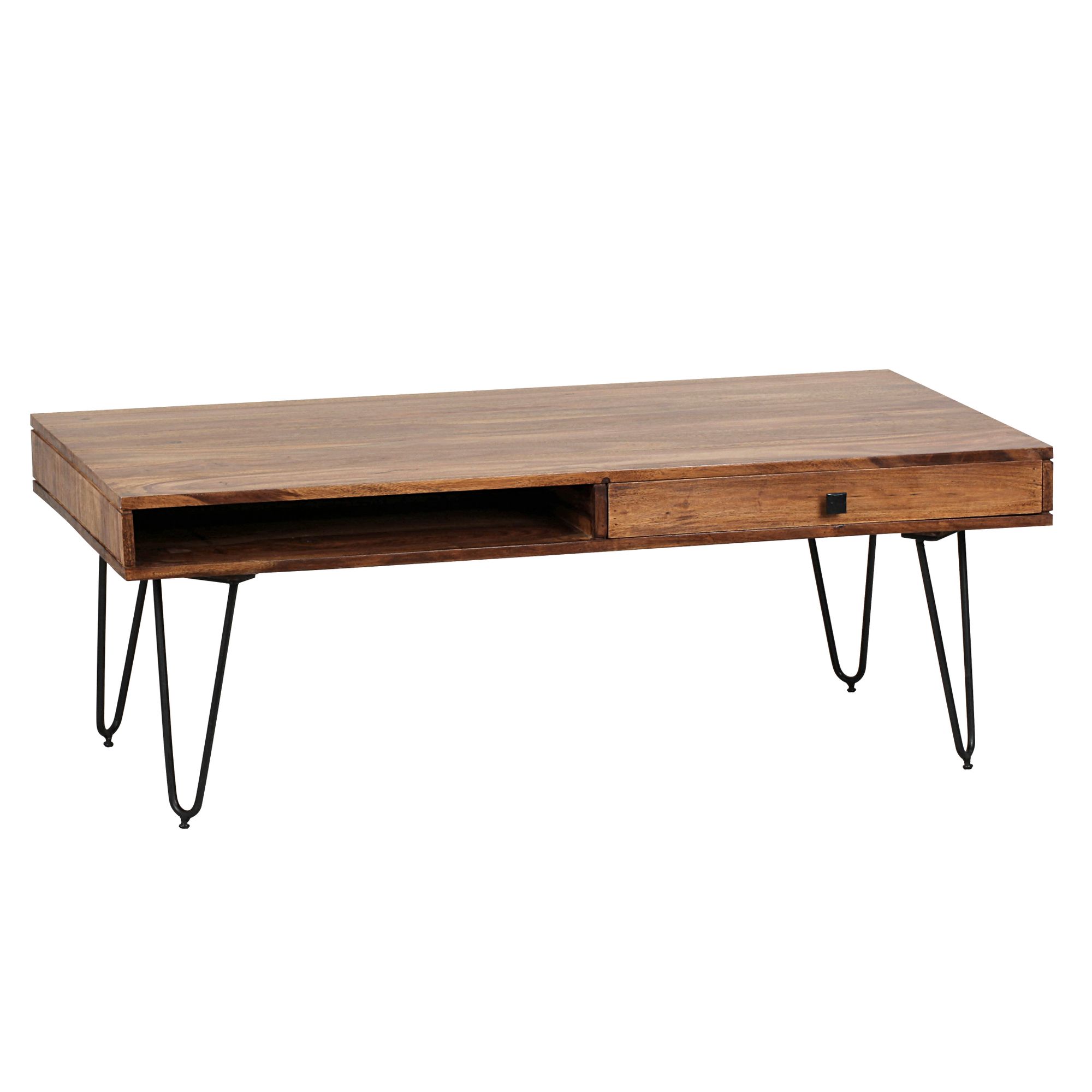 FineBuy Couchtisch Massivholz 110 cm · Industrial Wohnzimmertisch rechteckig mit Hairpin Beinen, 2 Schubladen & Ablagefächern · Handgefertigt