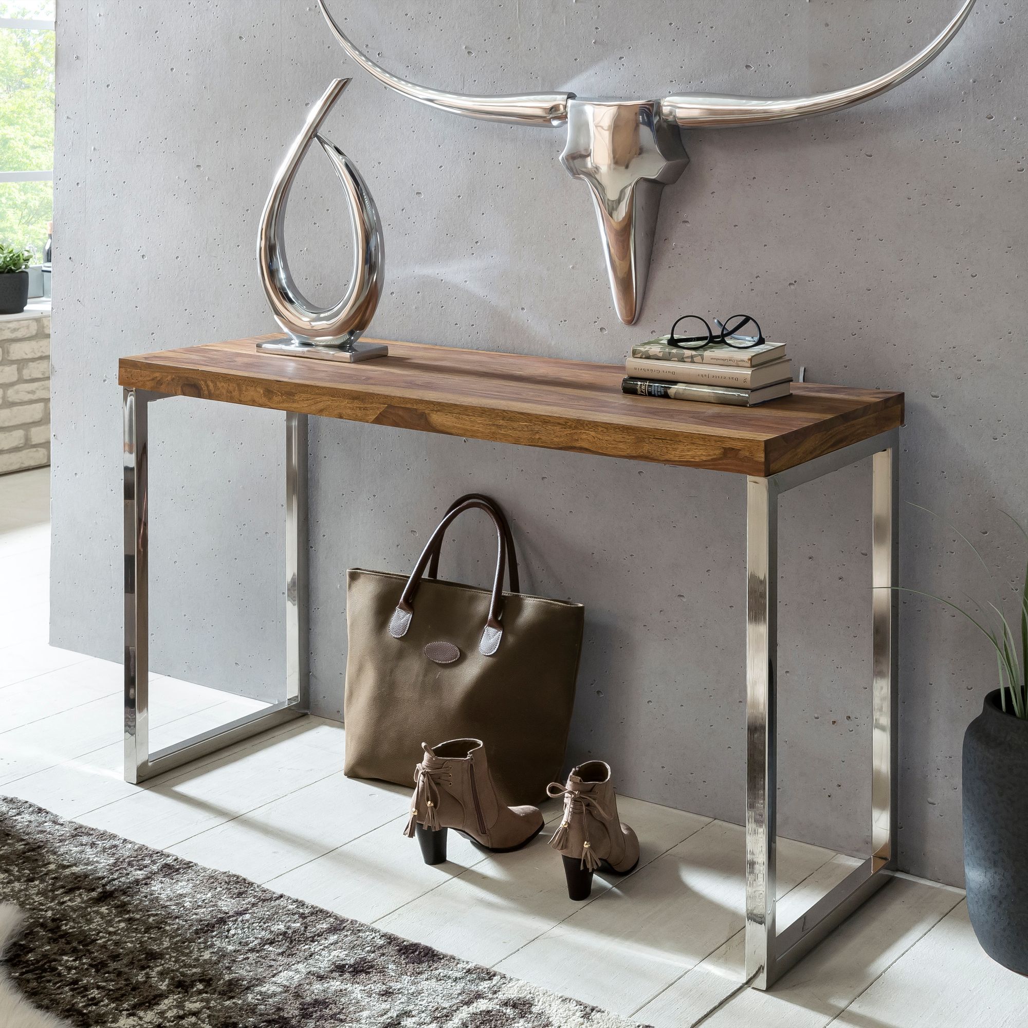 FineBuy Konsolentisch Massivholz Konsole mit Metallbeinen Schreibtisch 120 x 45 cm Landhaus-Stil Sideboard Modern Massiv dunkel-braun Echt-holz Natur