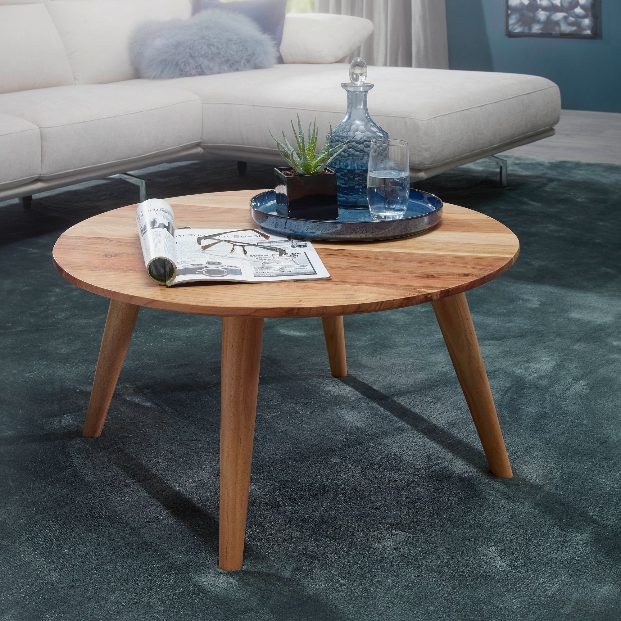 FineBuy Couchtisch Akazie Massivholz rund 75 cm · Wohnzimmertisch im skandinavischen Retro Design · Handgefertigter Holztisch mit konischen Beinen aus Vollholz