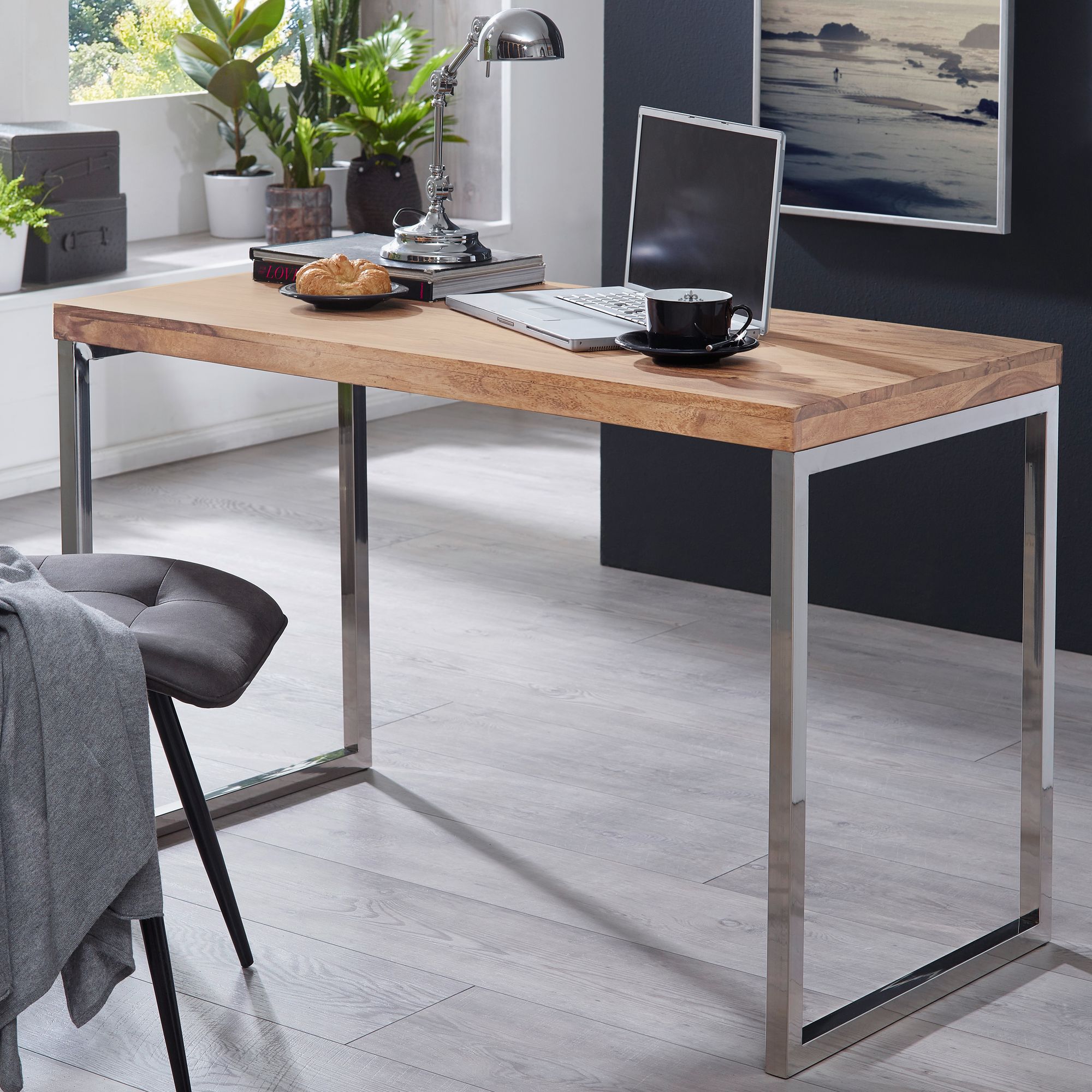 FineBuy Schreibtisch Massivholz Computertisch 120 x 60 cm Laptoptisch Landhaus Konsolentisch mit Metallbeinen Sheesham // Akazie