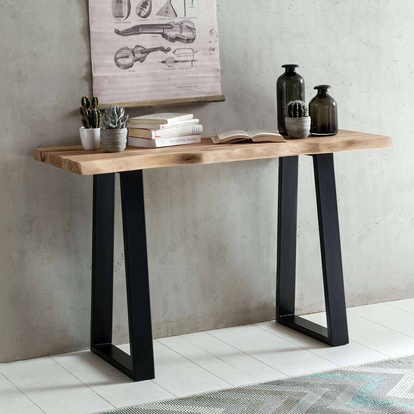 Massiver Konsolentisch GAYA 120 x 45 cm Akazie Massiv Holz Baumkante mit Metallbeinen, Schmaler Design Schreibtisch Baumstamm, MassivholzTisch Konsole