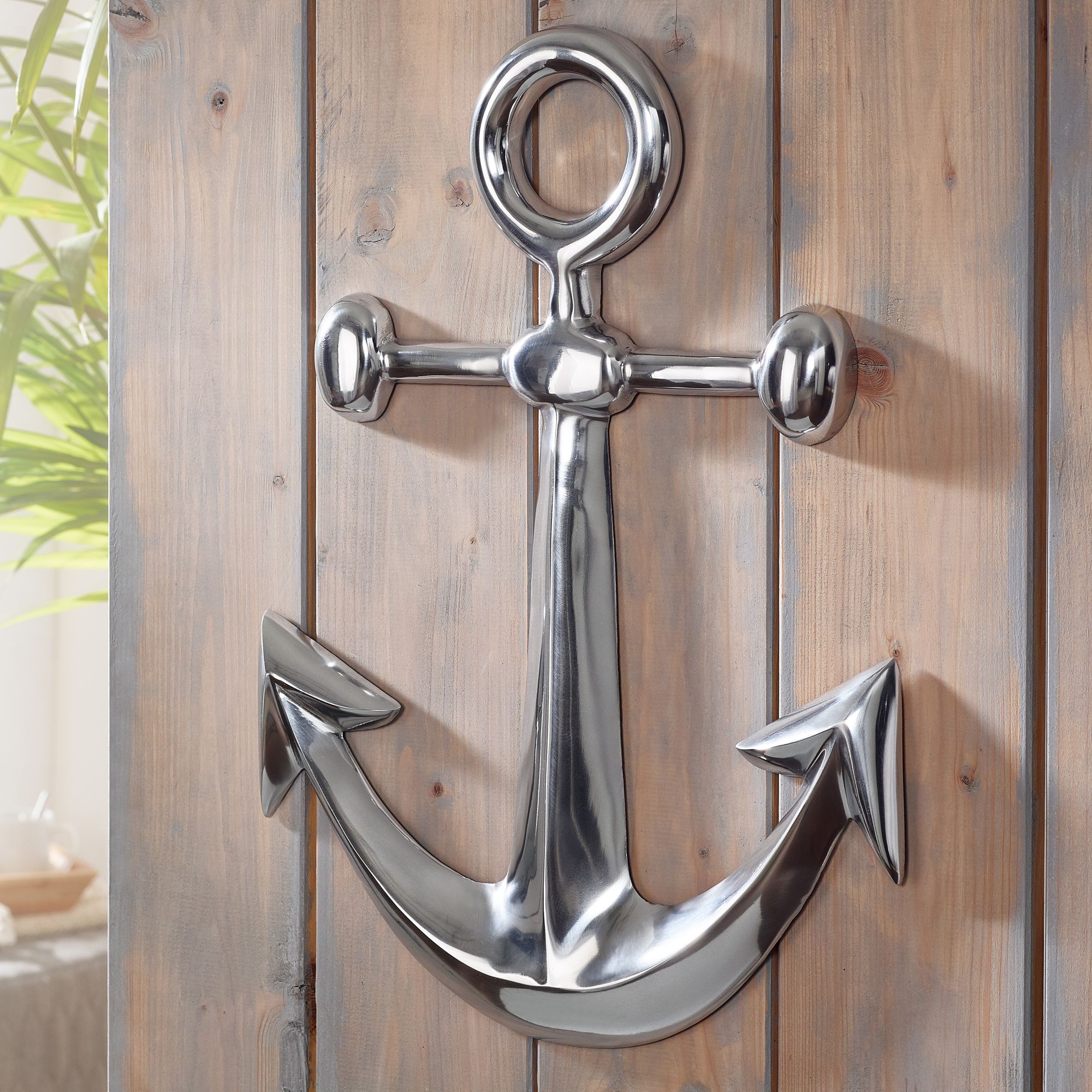 FineBuy Anker Wanddeko Aluminium 62x40 cm – Maritime Wanddekoration in Silber – Metall Deko Anker für Wohnzimmer Flur Badezimmer – Nautischer Wandanker im maritimen Stil – Modernes Wandobjekt