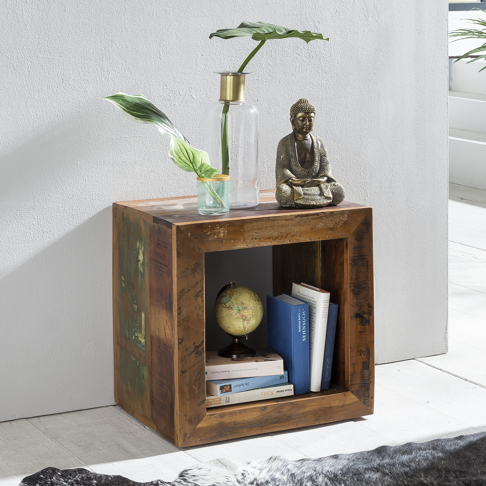 FineBuy Beistelltisch KALKUTTA 45 x 45 x 35 cm, Massivholz Cube Tisch für Wohnzimmer, Wohnzimmertisch mit Ablage, Nachttisch - Nachtkonsole - Nachtkästchen