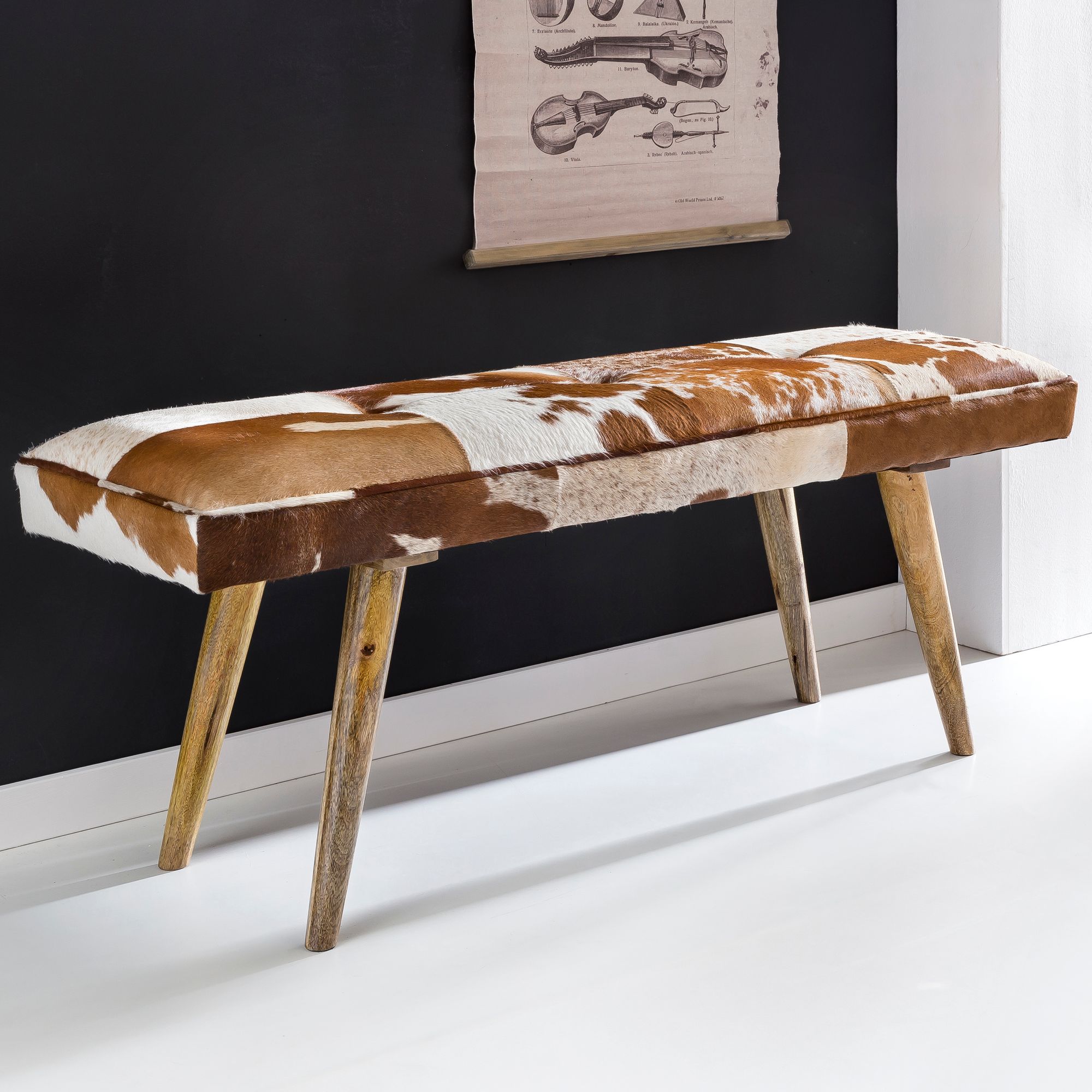FineBuy gepolsterte Sitzbank 120 cm Ziegenfell - Retro Polsterbank für Garderobe, Schlafzimmer & Wohnzimmer - Garderobenbank Eingangsbereich