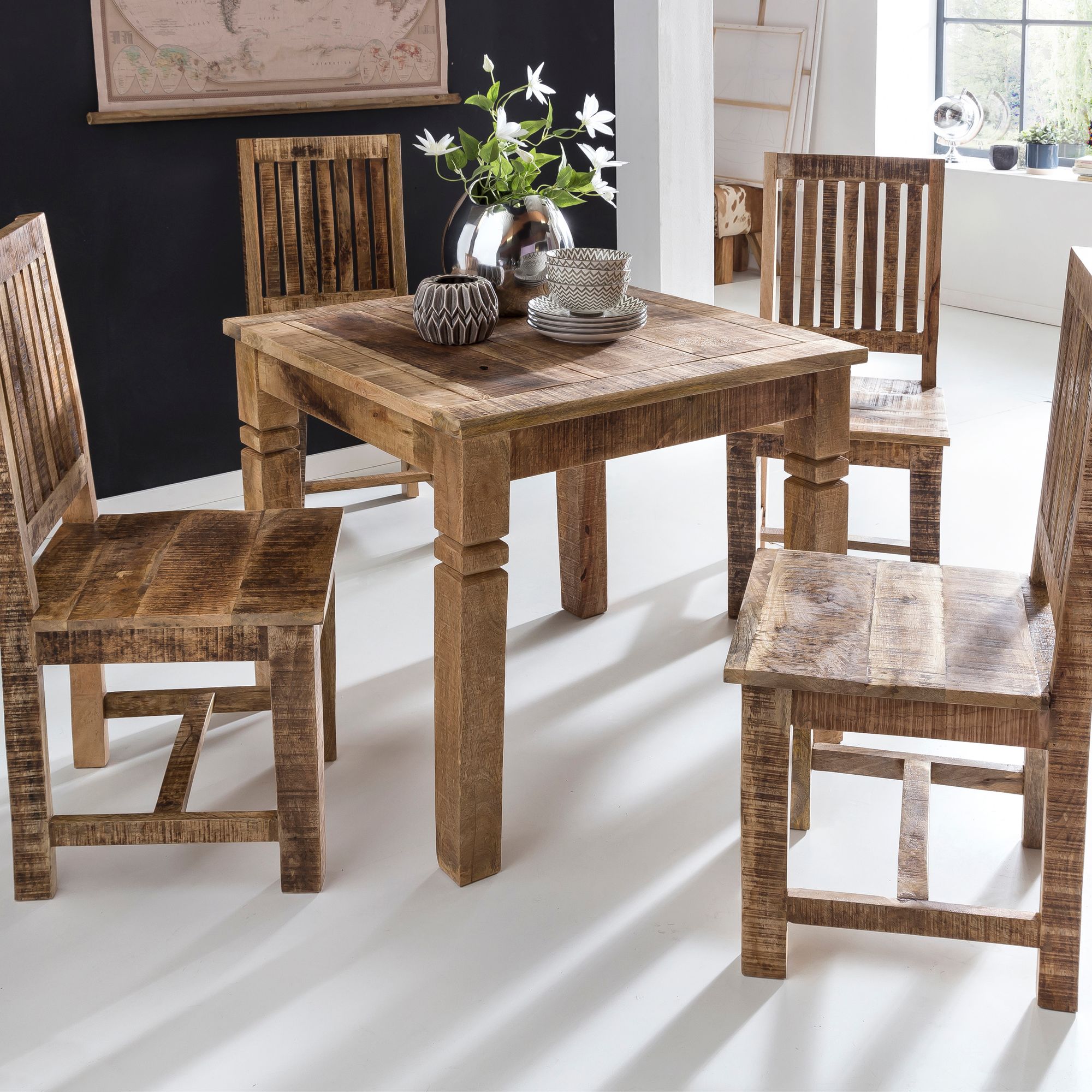 FineBuy Esstisch quadratisch 80 cm Mango Massivholz – Quadratischer Holztisch im Landhausstil, Design Esszimmertisch massiv, Küchentisch für 4 Personen, kleiner rustikaler Esstisch