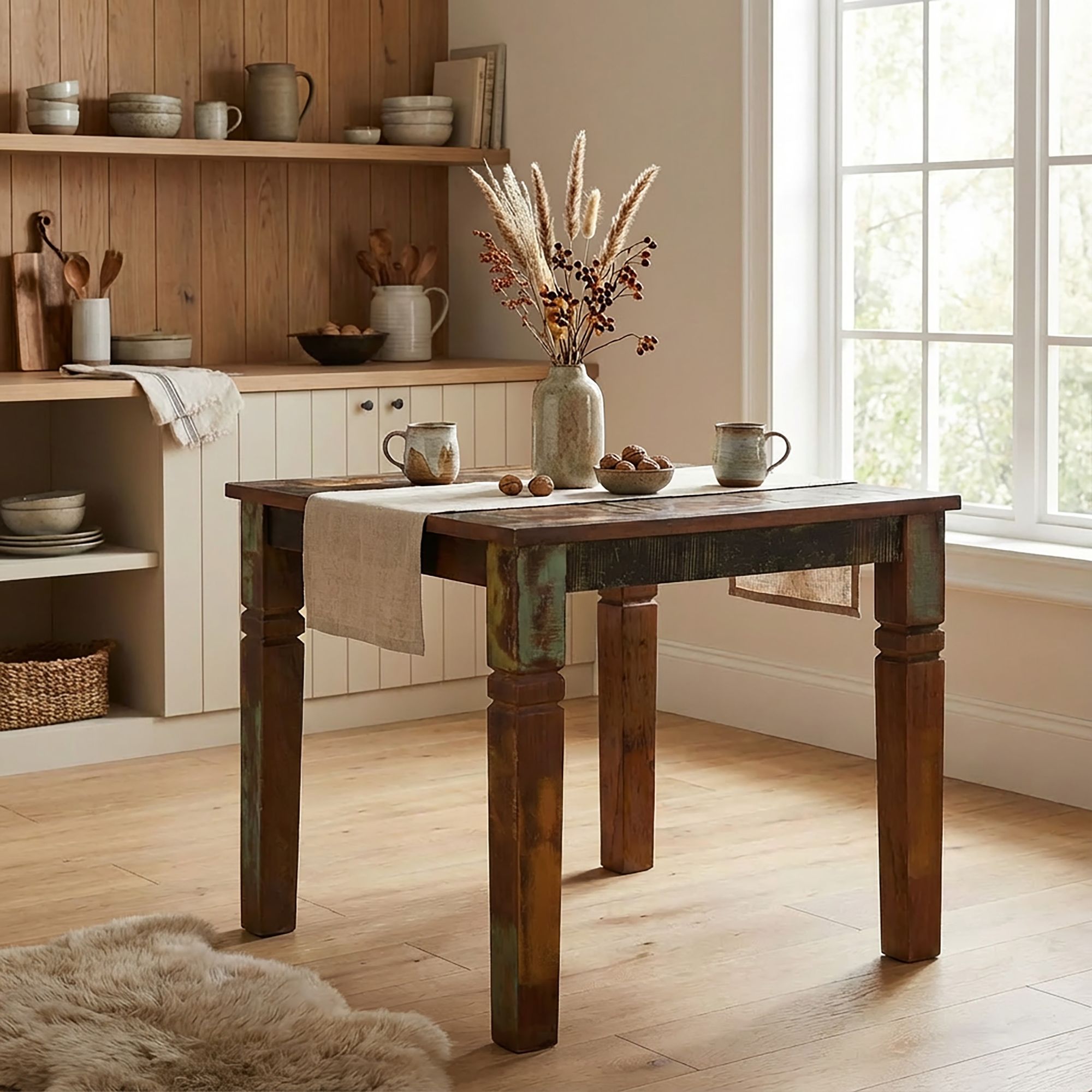 FineBuy Esstisch quadratisch 80 cm Mango Massivholz – Quadratischer Shabby Chic Tisch im Bootsholz Design, Landhaus Esszimmertisch massiv, Küchentisch für 4 Personen