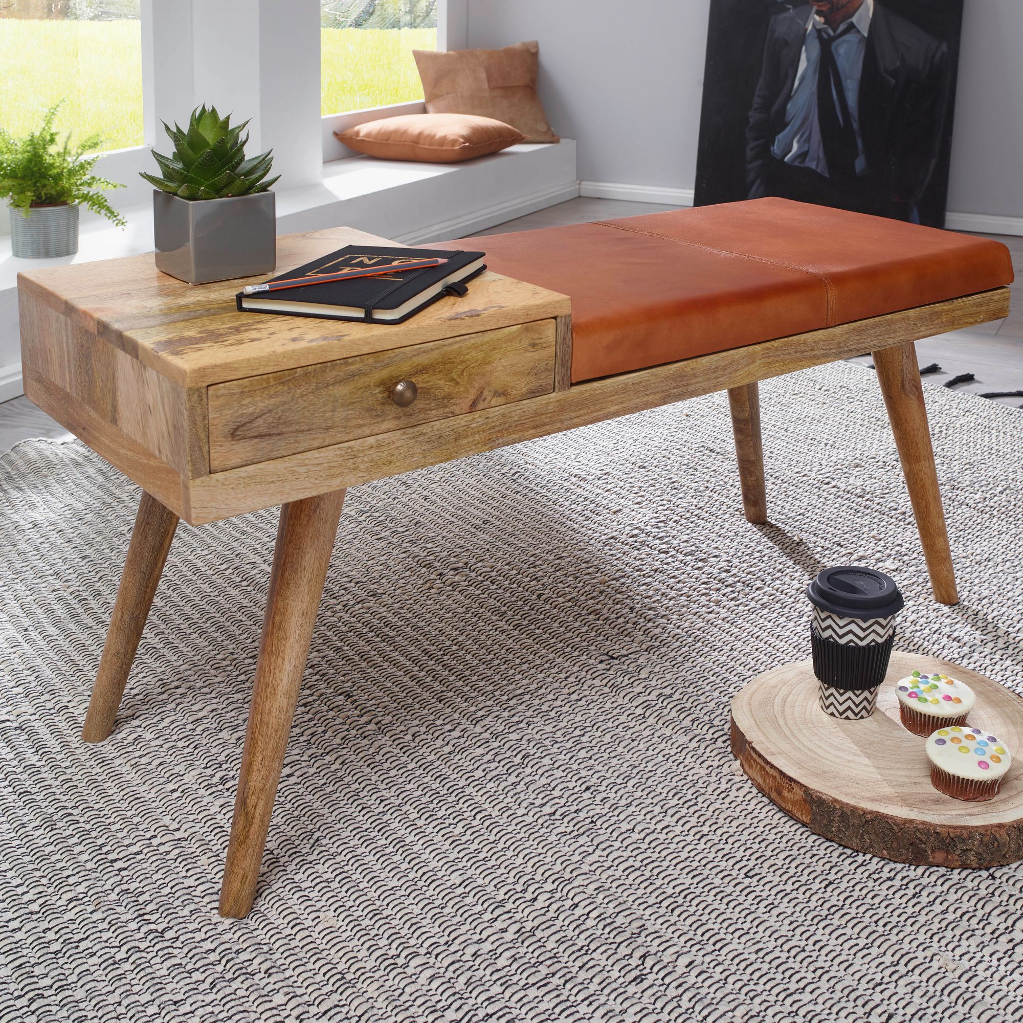 FineBuy gepolsterte Sitzbank 100 cm Massivholz Echtleder mit Schublade - Retro Polsterbank für Garderobe, Schlafzimmer, Wohnzimmer - Garderobenbank Eingangsbereich