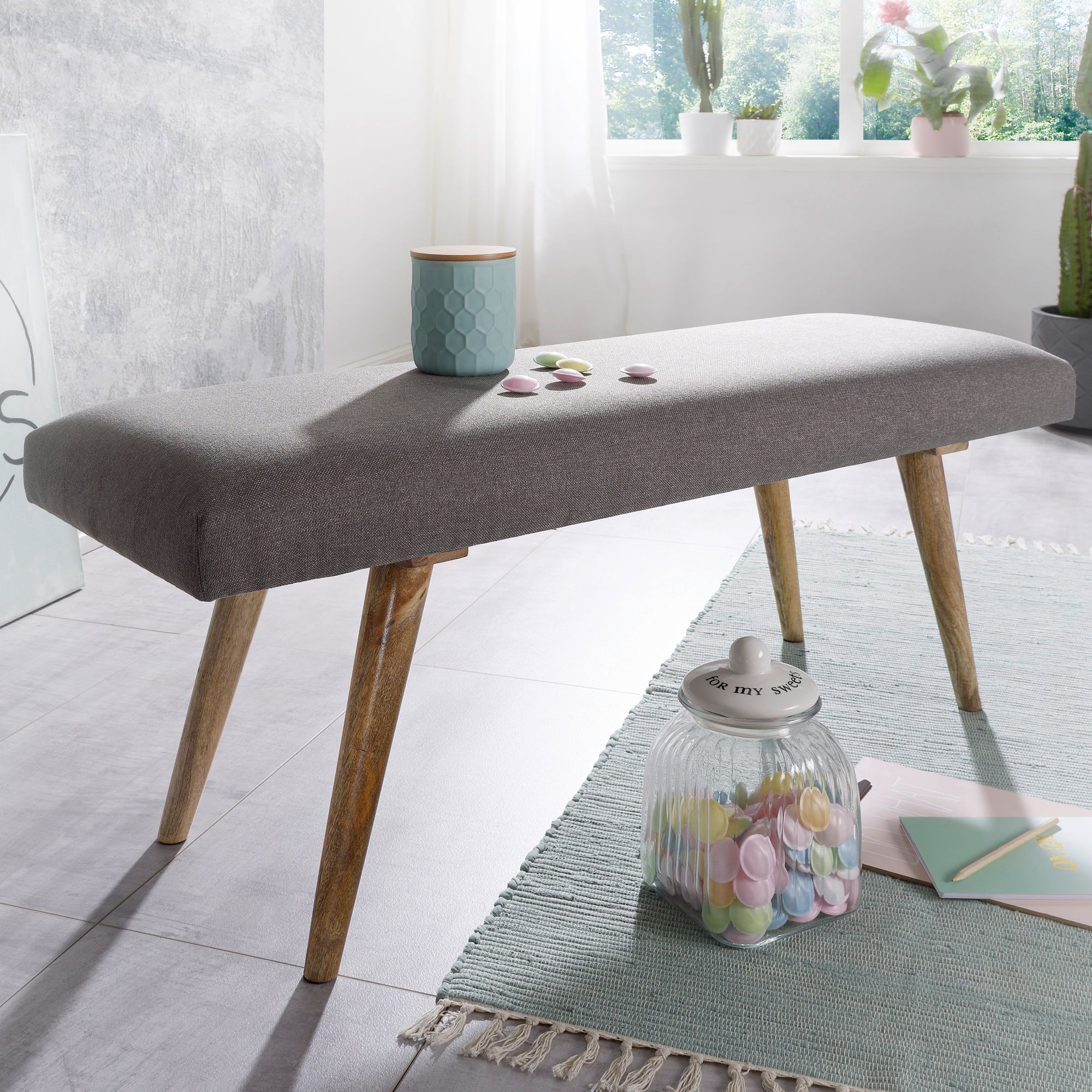 FineBuy gepolsterte Sitzbank 120 cm Massivholz Stoff grau - Retro Polsterbank für Garderobe Schlafzimmer & Wohnzimmer - Garderobenbank Eingangsbereich