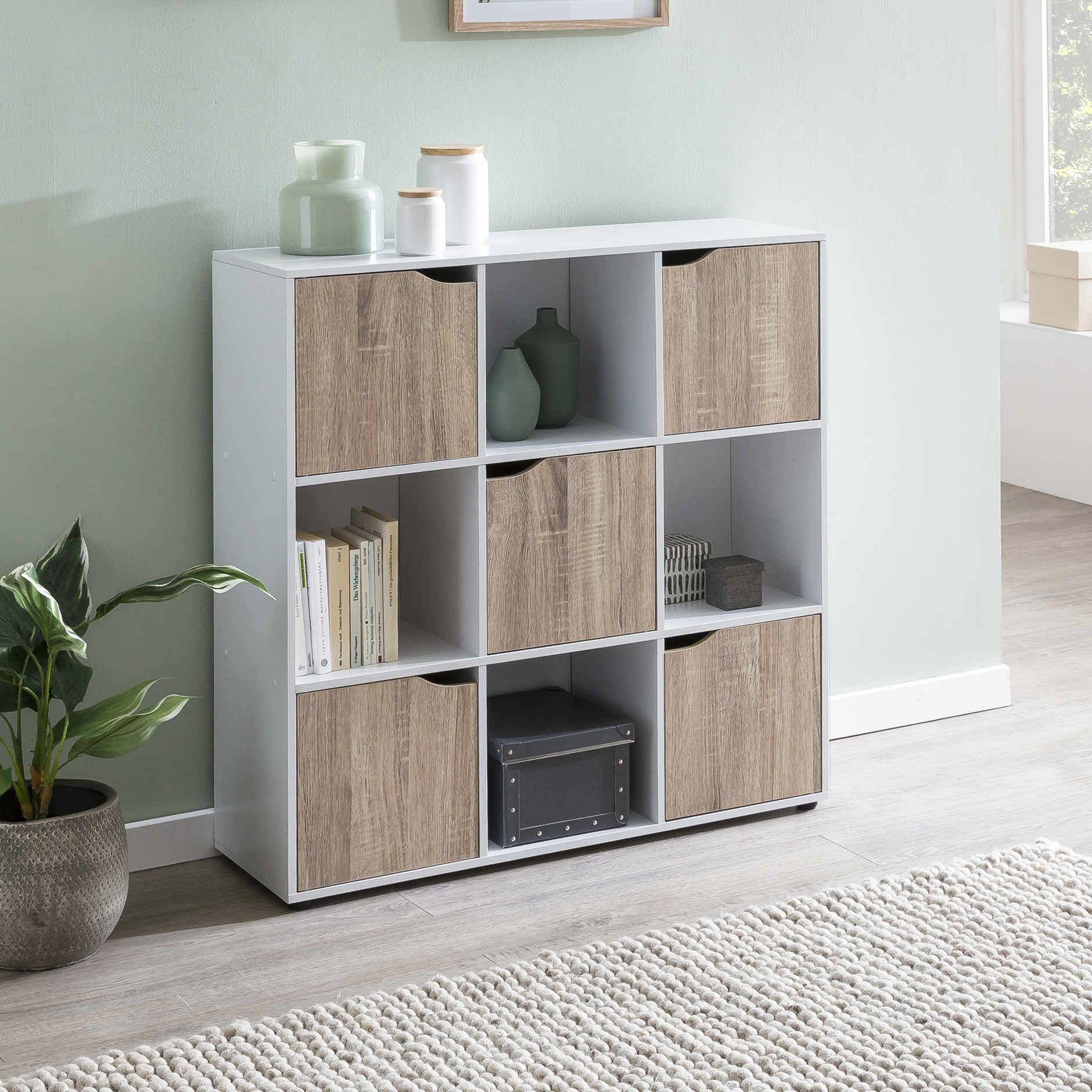 FineBuy Standregal MASSA 89 x 91 x 29 cm Bücherregal mit 9 Fächern Sonoma, Sideboard mit 5 Türen, Modernes Würfelregal Raumteiler, Flurschrank offen, Cuberegal Kommode Wohnregal