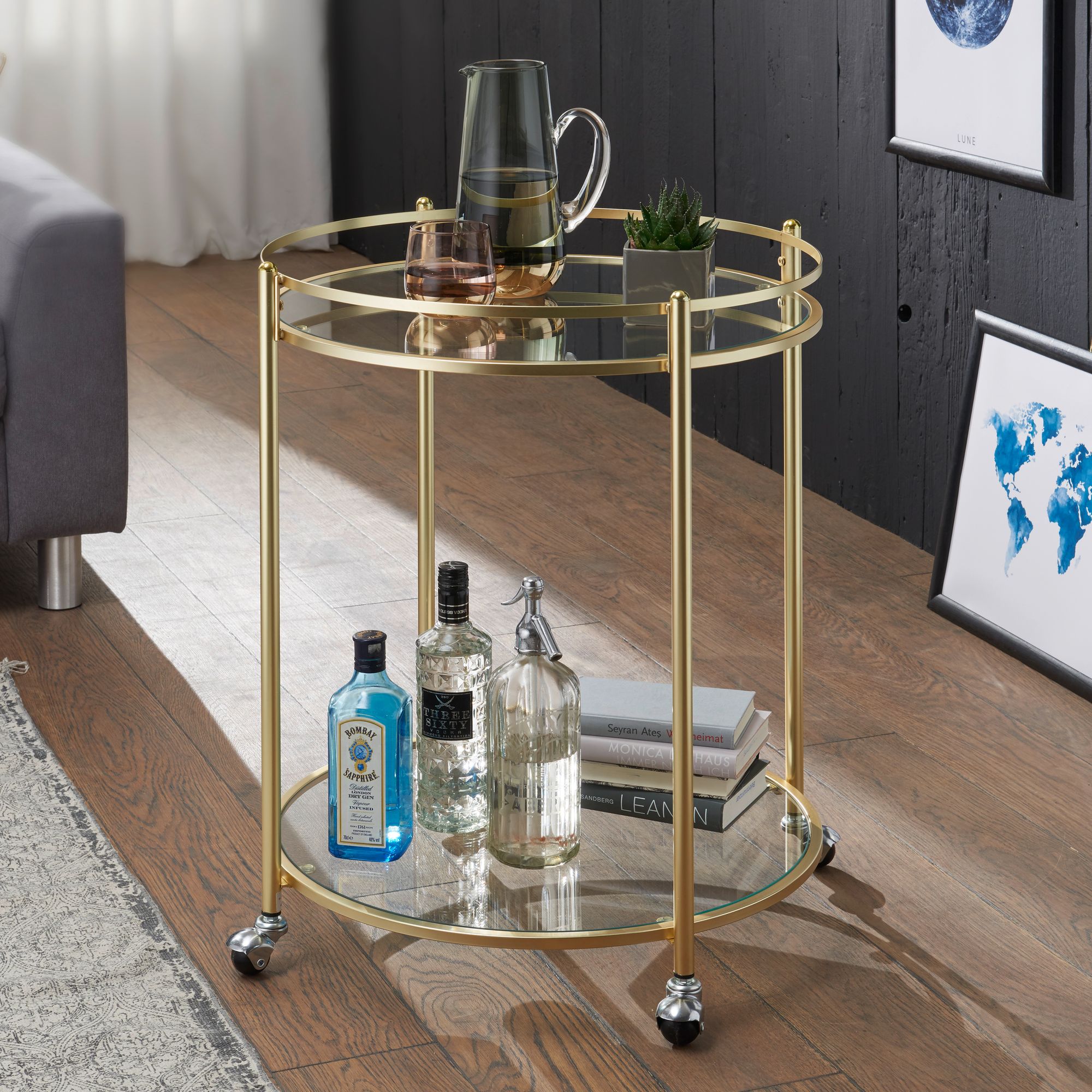 FineBuy Design Servierwagen Gold Ø 57 cm Beistelltisch, Teewagen Metall mit Rollen, Küchenwagen mit Glasplatten, Barwagen rund 75 cm hoch, Küchentrolley modern, Rollwagen