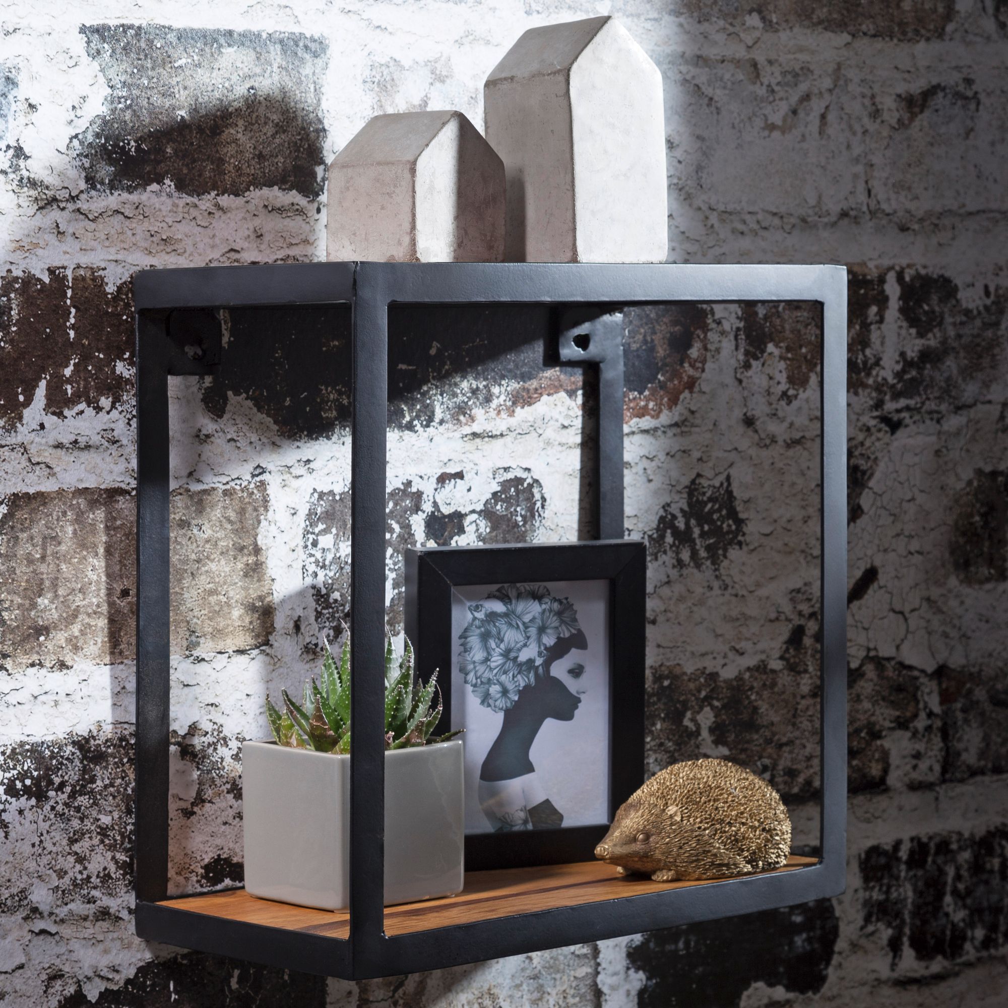 FineBuy Wandregal PURI 35x18x35 cm Sheesham Massivholz, Bücherregal hängend, Metallregal mit Echtholz Regalboden, Holzregal quadratisch, Dekoregal Hängeregal