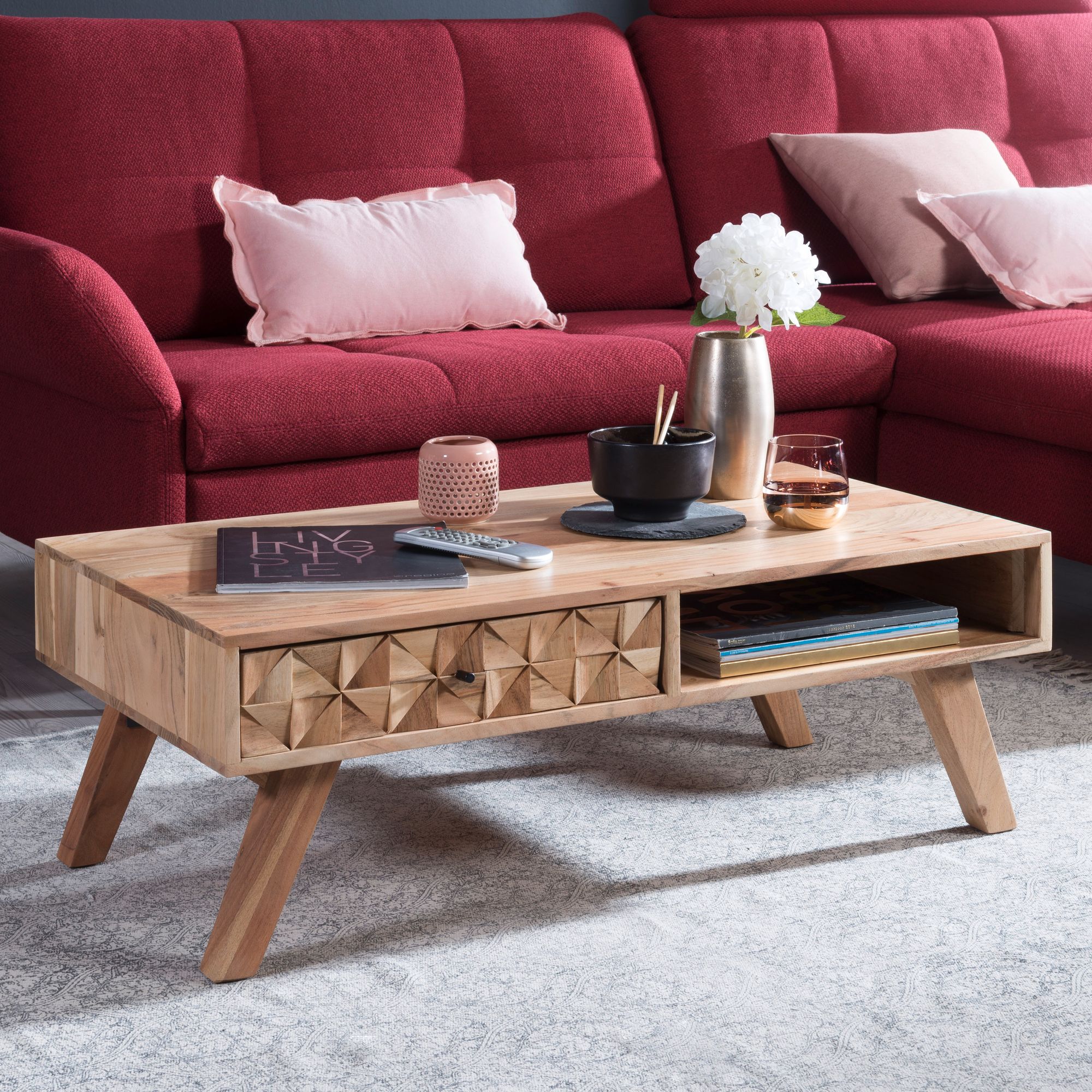 FineBuy Couchtisch Akazie Massivholz 95cm · Wohnzimmertisch mit Schublade & Ablagefach · Handgefertigter Sofatisch mit 3D-Front im modernen Retro Design