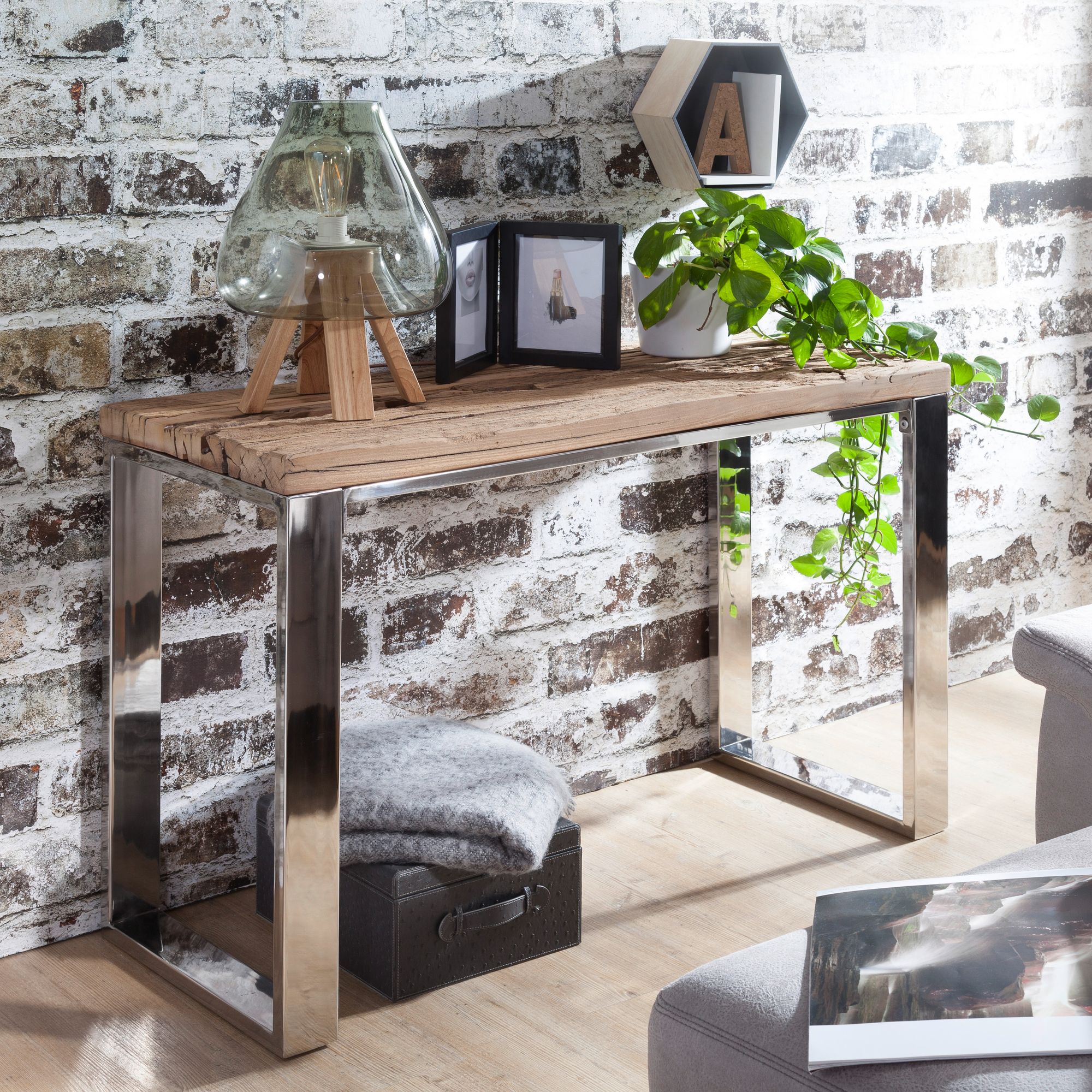 FineBuy Konsolentisch 115x76x46 cm Massiv-Holz Natur, Konsole rustikal Wohnzimmer, Anrichte Flur Diele Gang Schmal, Schminktisch Industrial Style, Echtholz Frisiertisch Schlafzimmer Hoch