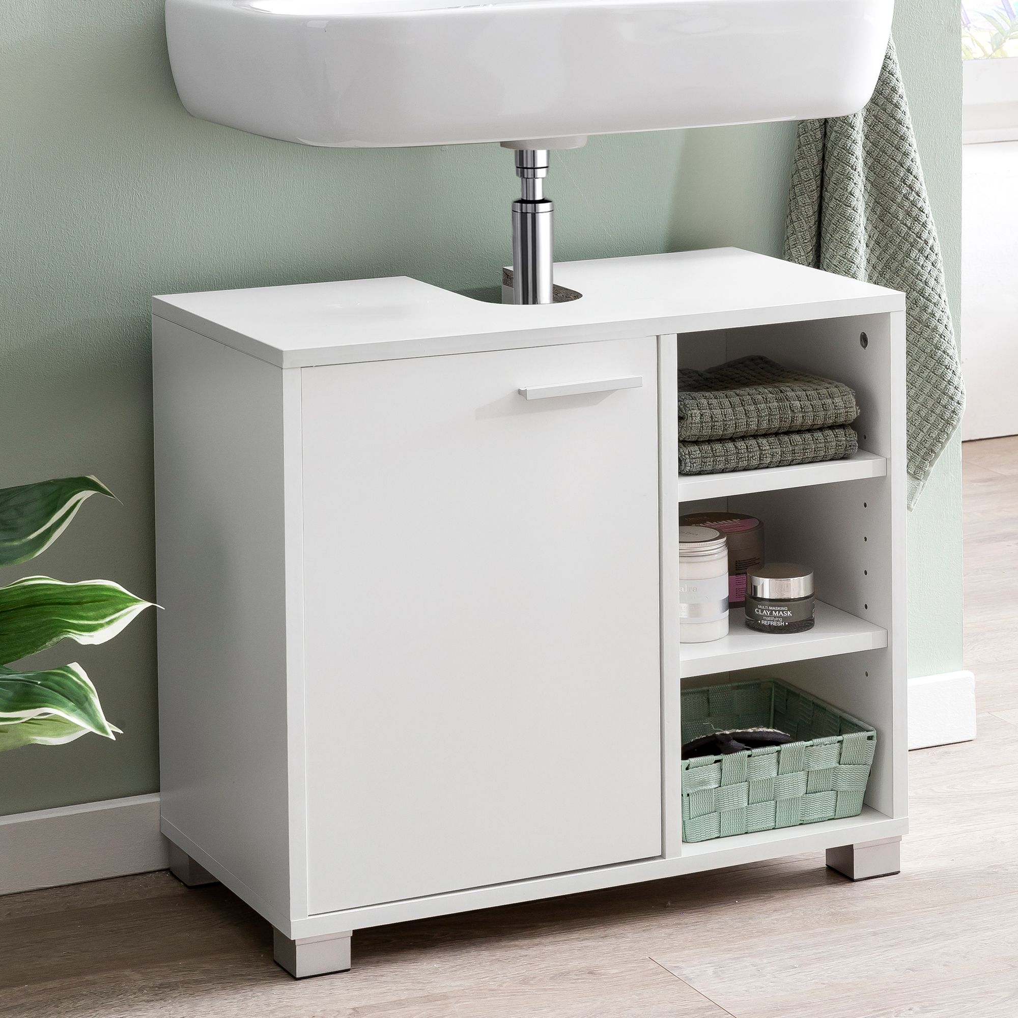 FineBuy Waschbeckenunterschrank 60x55x32 cm weiß mit Tür, Unterschrank Waschbecken Badezimmer, Waschtischunterschrank mit Fächern, Badezimmerschrank mit Ablage