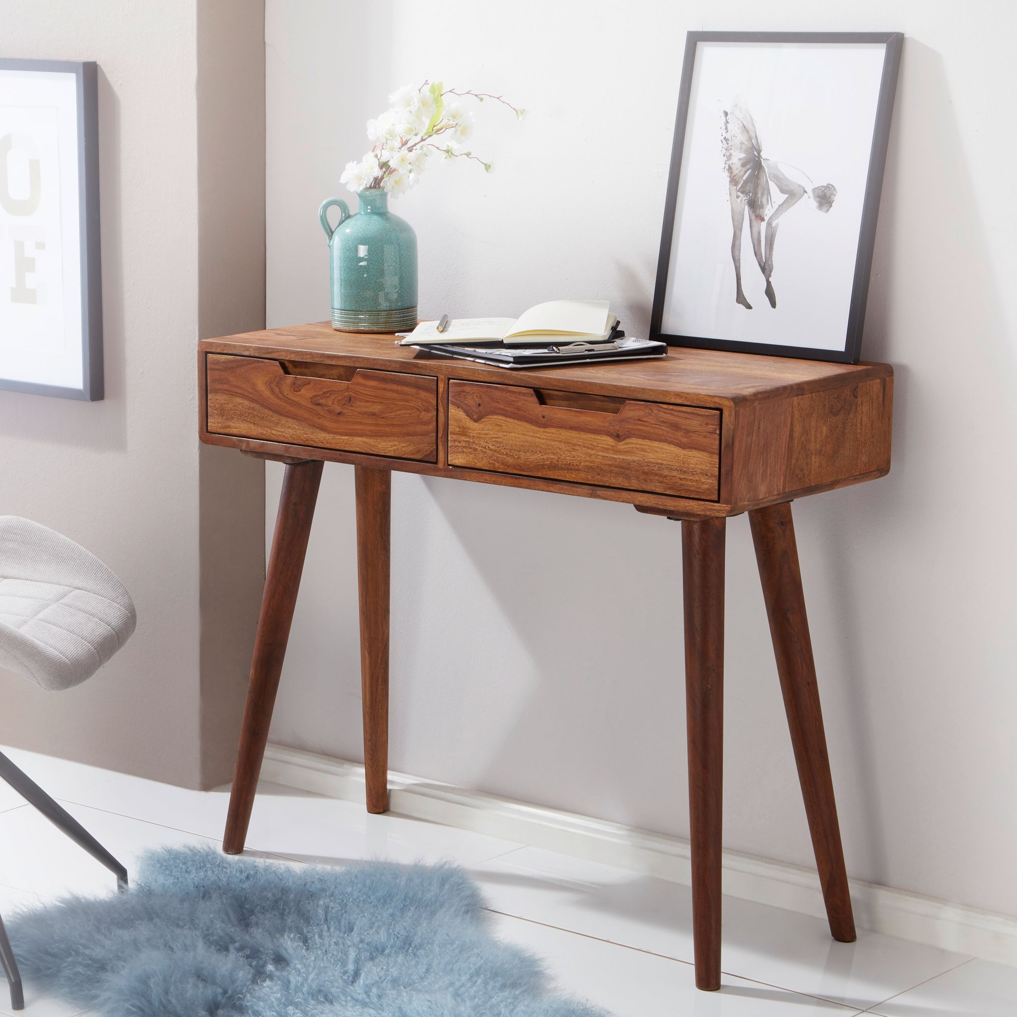 FineBuy Konsolentisch FB51402 90 x 76 x 36 cm Sheesham Massivholz mit Schubladen, Design Holz Anrichte Konsole massiv, Kleiner Landhaus Schreibtisch Flurtisch, Schminktisch Ablagetisch Natur