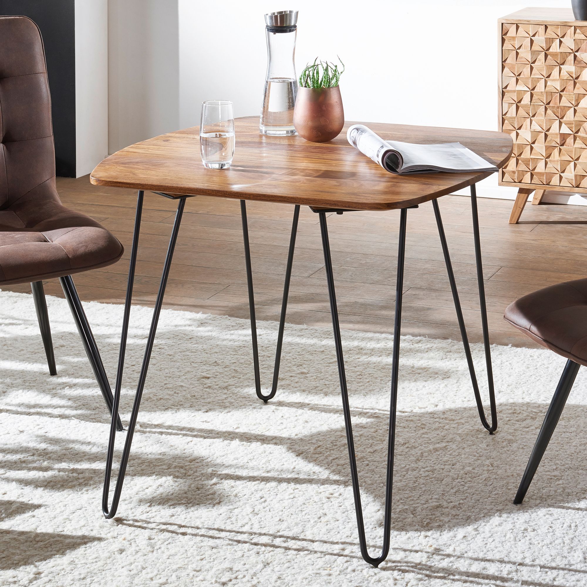 FineBuy Esstisch quadratisch 80cm Sheesham Massivholz – Moderner Küchentisch mit schwarzen Hairpin-Beinen, Design Esszimmertisch aus Echtholz, Holztisch massiv