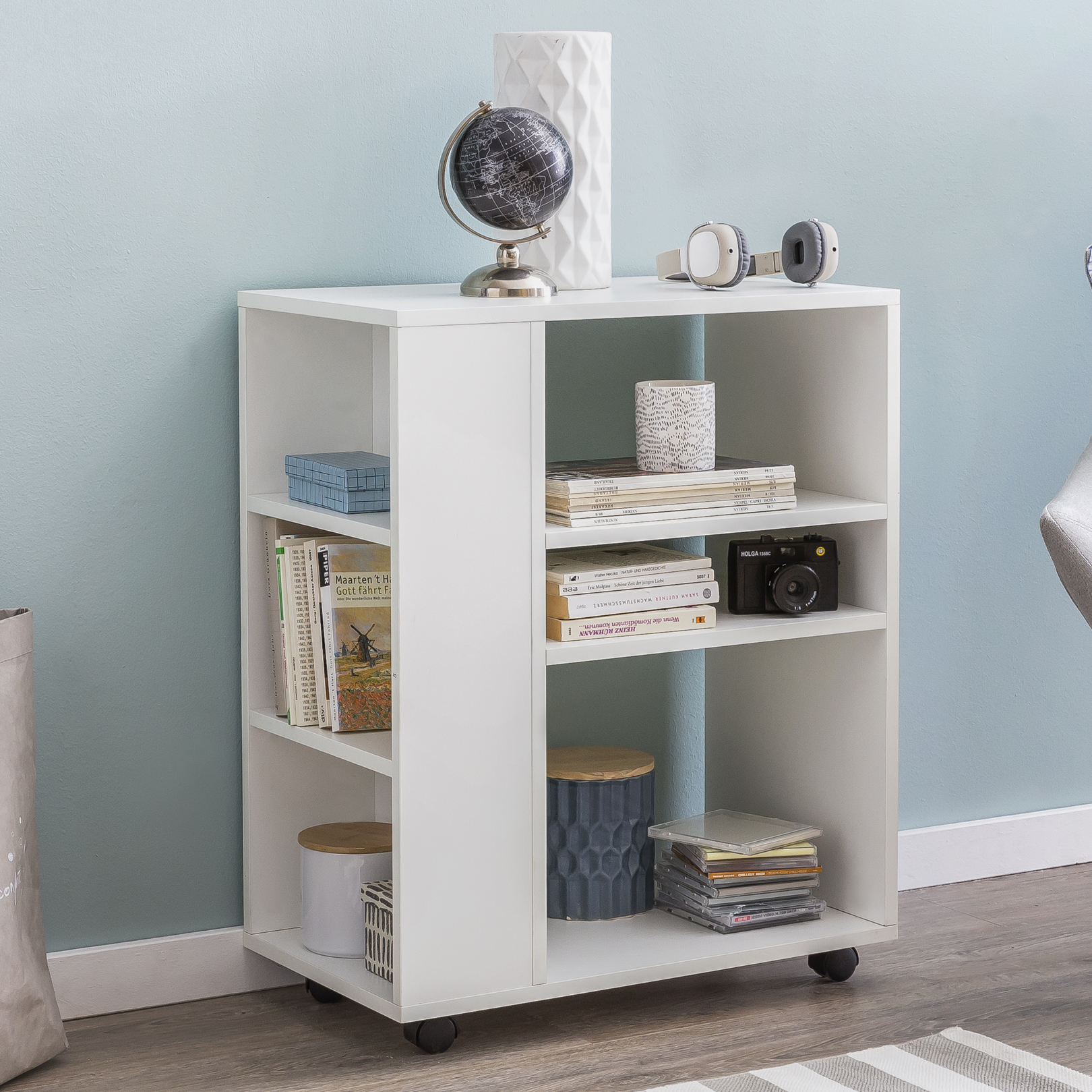 FineBuy Regal 60x35x75 cm Regalwagen mit Rollen Holz, Schmales Küchen-Regal, Telefontisch Rollwagen Modern, Bücher-Regal schmal Standcontainer Hoch