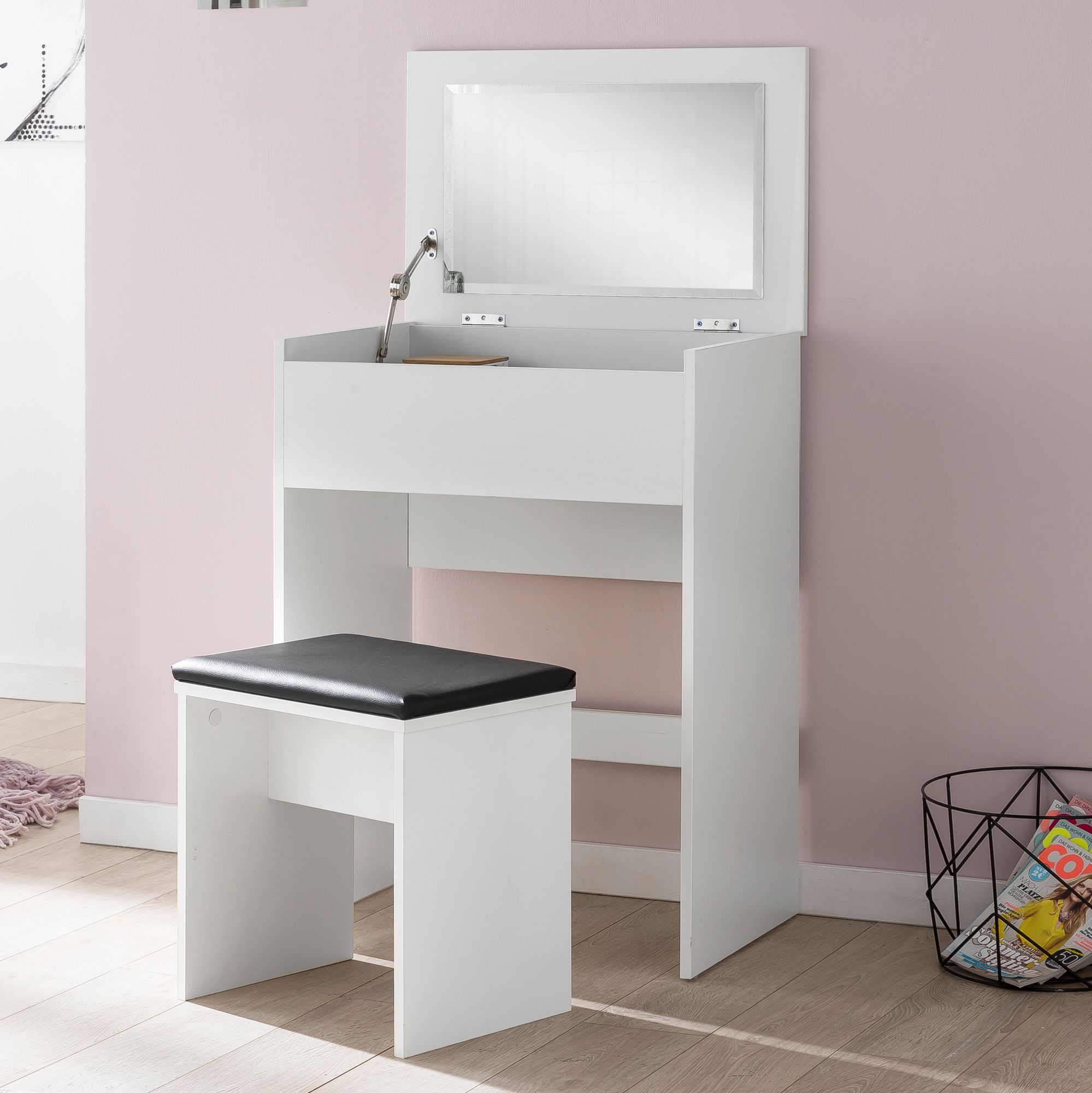 FineBuy Schminktisch FB51641 60x81x40 cm Weiß Konsolentisch Holz Modern, Kosmetiktisch mit Hocker und Spiegel, Weißer Frisiertisch mit Klappfach, Moderner Make-Up-Tisch Mädchen Groß