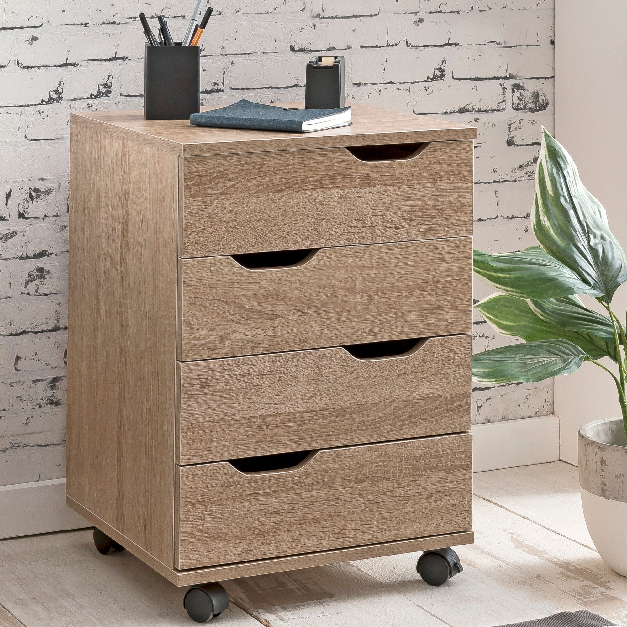 FineBuy Rollcontainer Holz 40x60x40cm Schubladenschrank Büro Container, Schreibtischcontainer mit vier Schubladen, Bürocontainer Beistellcontainer mit Rollen, Kleiner Schubladencontainer