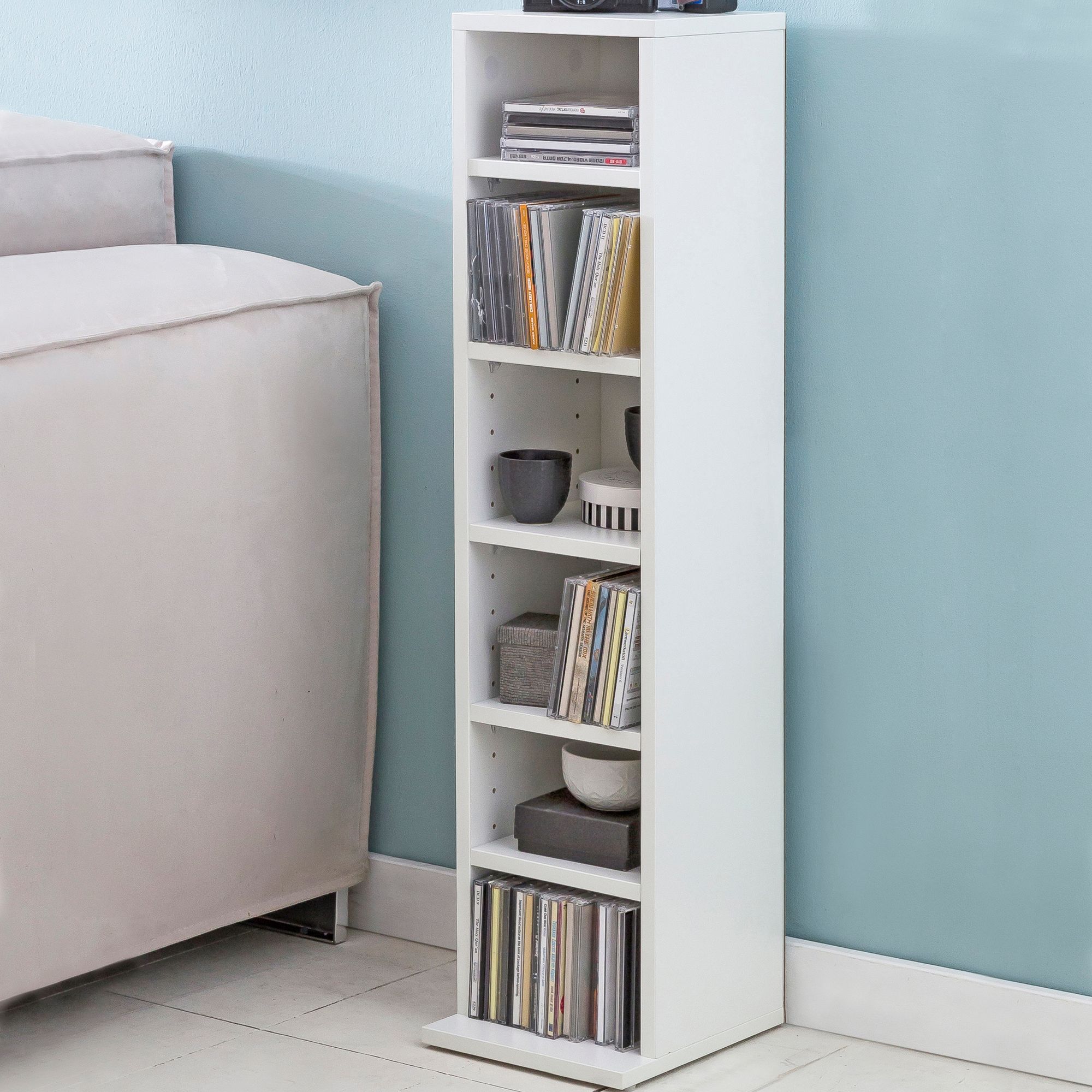 FineBuy CD-Regal Holz 21x90x20 cm Standregal Modern Bücherregal Schmal, CD Ständer Aufbewahrung Klein, Offenes Nischenregal, Mehrzweckschrank 6 Fächer Offen, CD Holzregal Design Stehregal