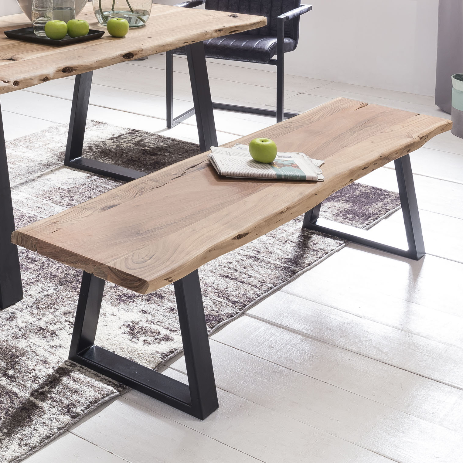 FineBuy Esszimmer-Bank FB51969 Baumstamm Massivholz Akazie 160 x 45 x 40 cm, Robuste Naturholz Küchenbank mit hoher Stabilität, Echtholz Essbank mit Baumkante, Holzbank im Landhaus-Stil