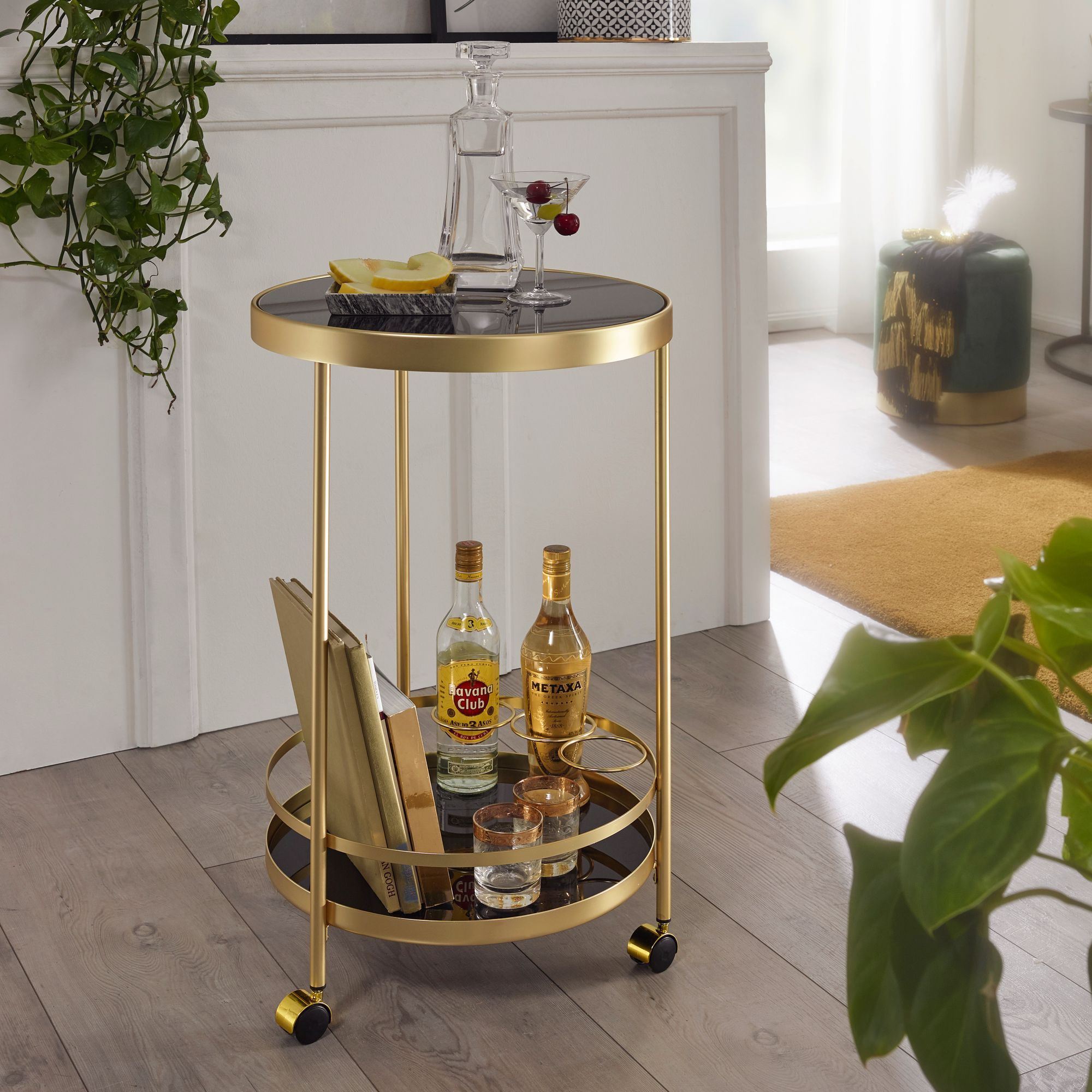 FineBuy Design Servierwagen Gold Rund Ø 45cm 2 Ebenen, Beistelltisch auf Rollen mit Glasplatte Schwarz Speisewagen, Küchenwagen, Teewagen