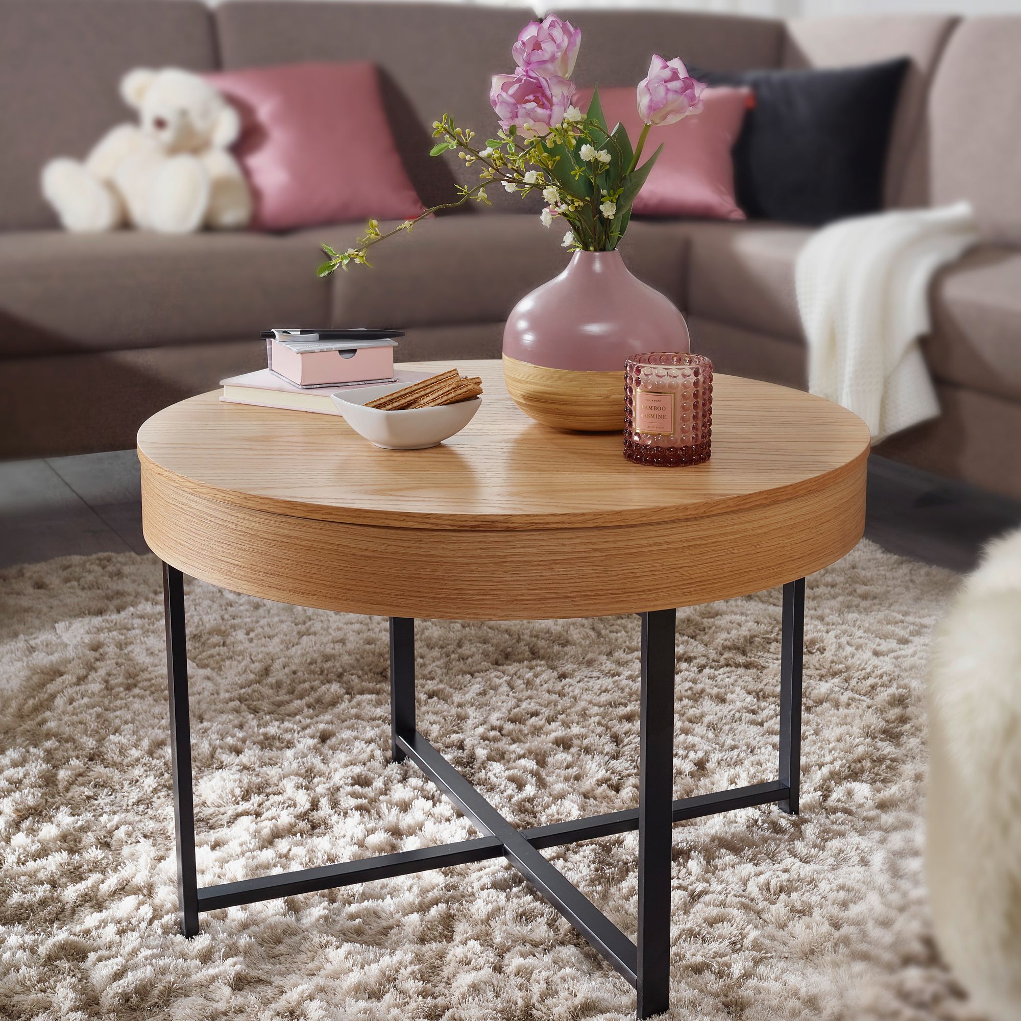 FineBuy Couchtisch Rund Ø 70 cm mit Stauraum - Skandinavisches Design Eiche – Moderner Wohnzimmertisch mit Metallgestell, Stabiler Lounge Sofatisch, Beistelltisch für Wohnzimmer