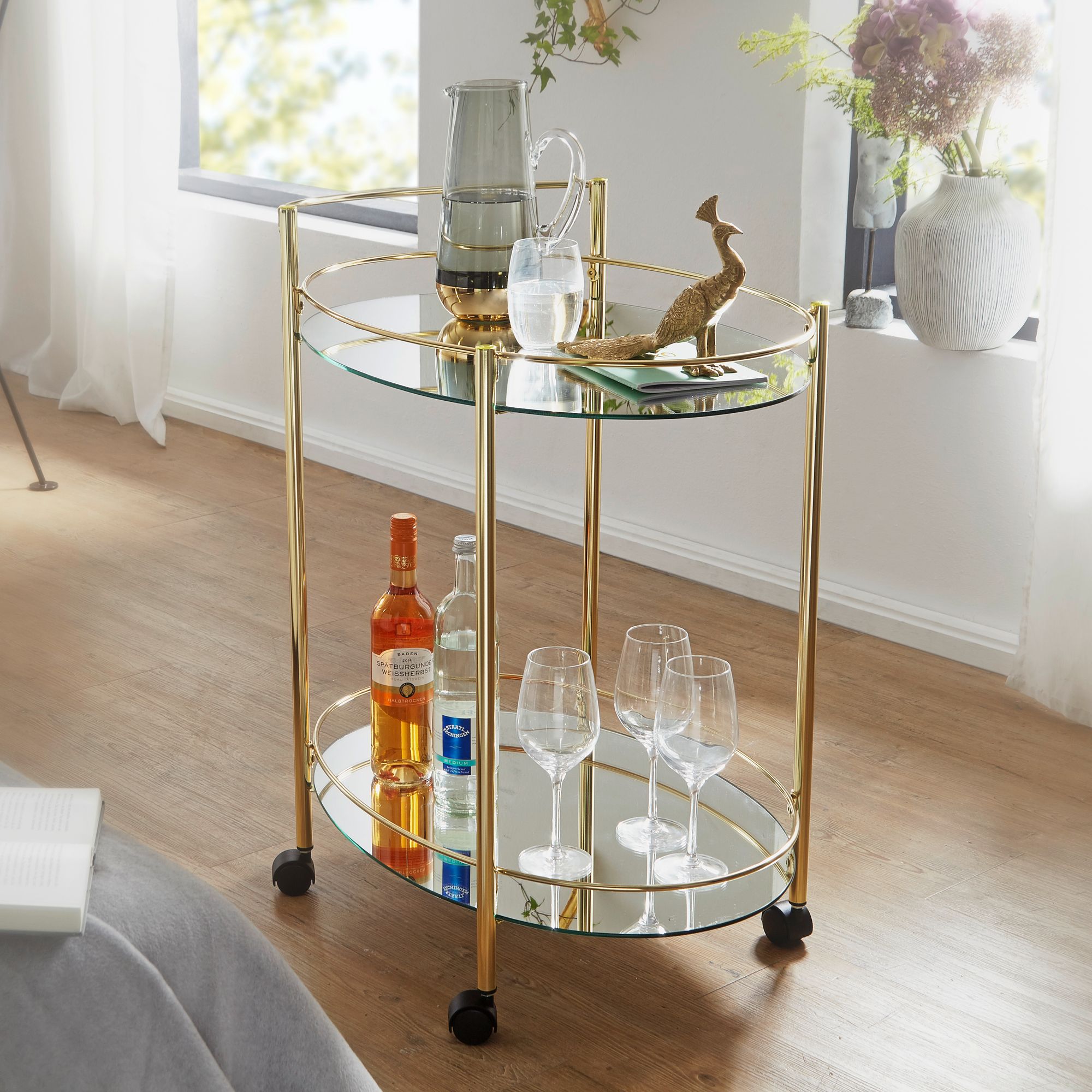 FineBuy Design Servierwagen Gold 67x79 cm Mobile Mini Bar, Beistelltisch auf Rollen, Speisewagen mit Glasplatte Weiß, Küchenwagen, Teewagen mit Milchglas