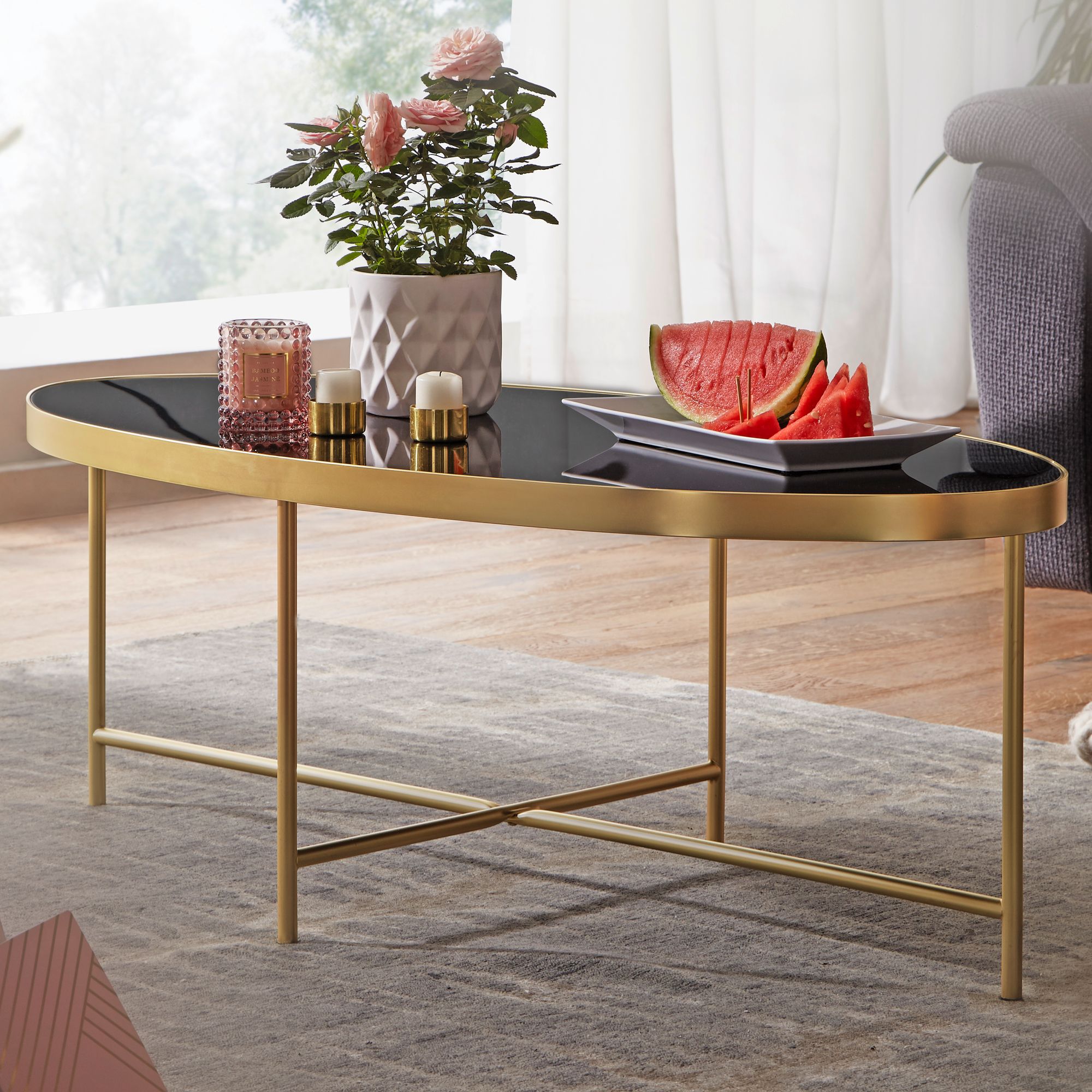FineBuy Design Couchtisch Glas Schwarz - Oval 110 x 56 cm mit Gold Metallgestell, Großer Wohnzimmertisch, Lounge Tisch Glastisch