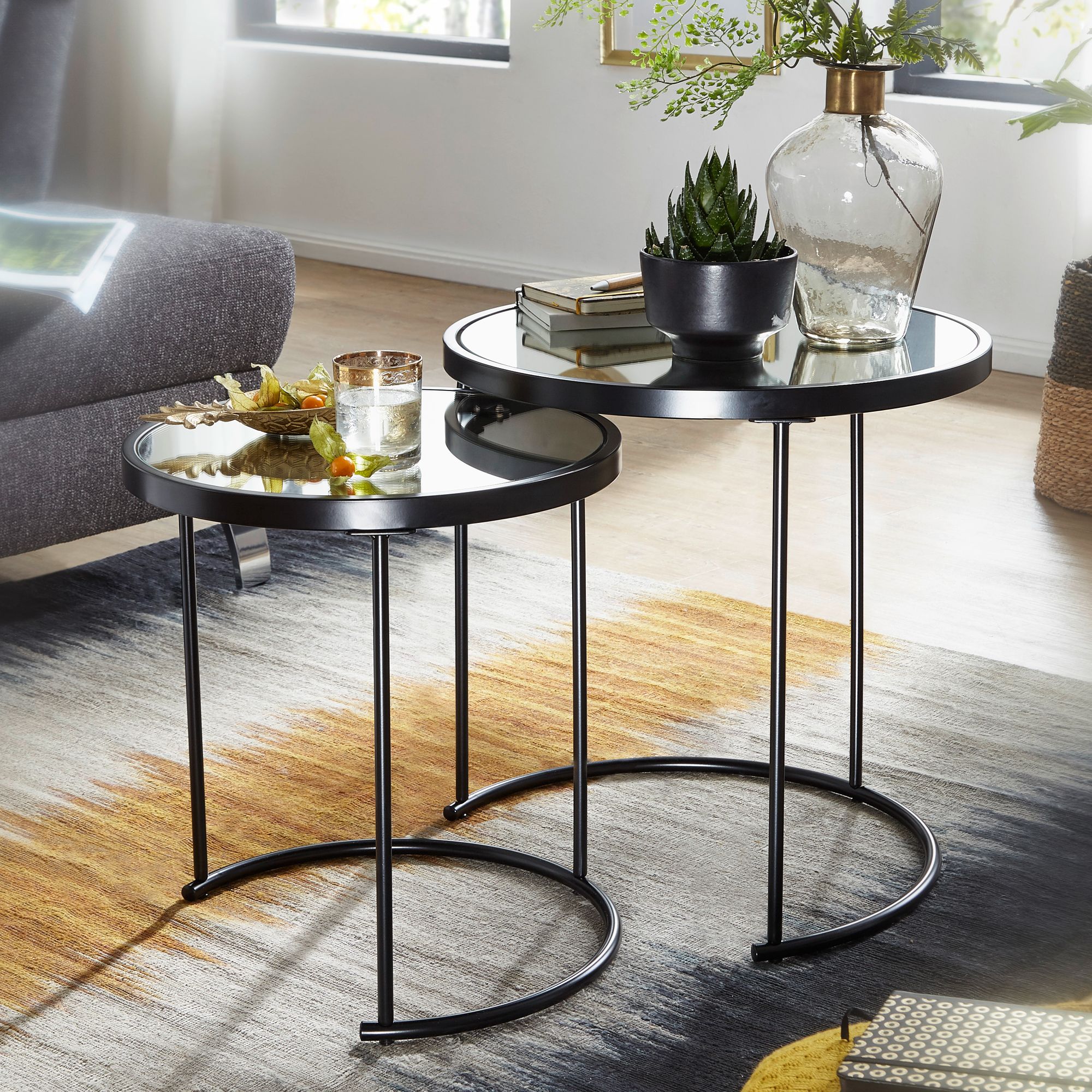 FineBuy Design Beistelltisch Rund Ø 50/42 cm - 2 teilig Schwarz mit Spiegel Glas, Wohnzimmertisch 2er Set, Satztisch verspiegelt, Couchtisch