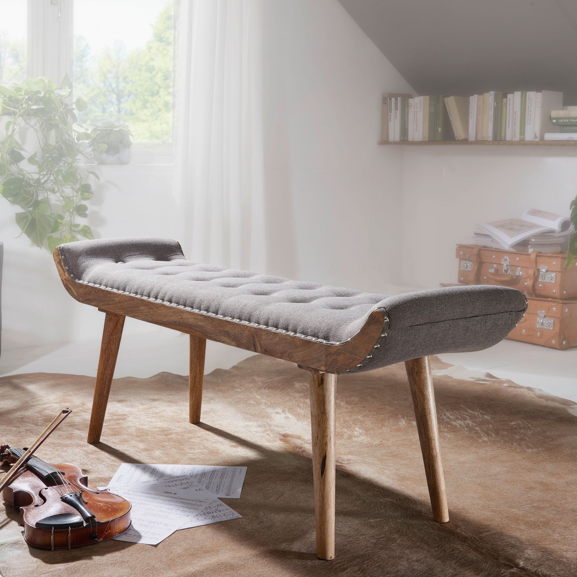 FineBuy gepolsterte Sitzbank 120 cm Massivholz Stoff grau - Retro Chesterfield Polsterbank für Garderobe Schlafzimmer & Wohnzimmer - Garderobenbank Eingangsbereich